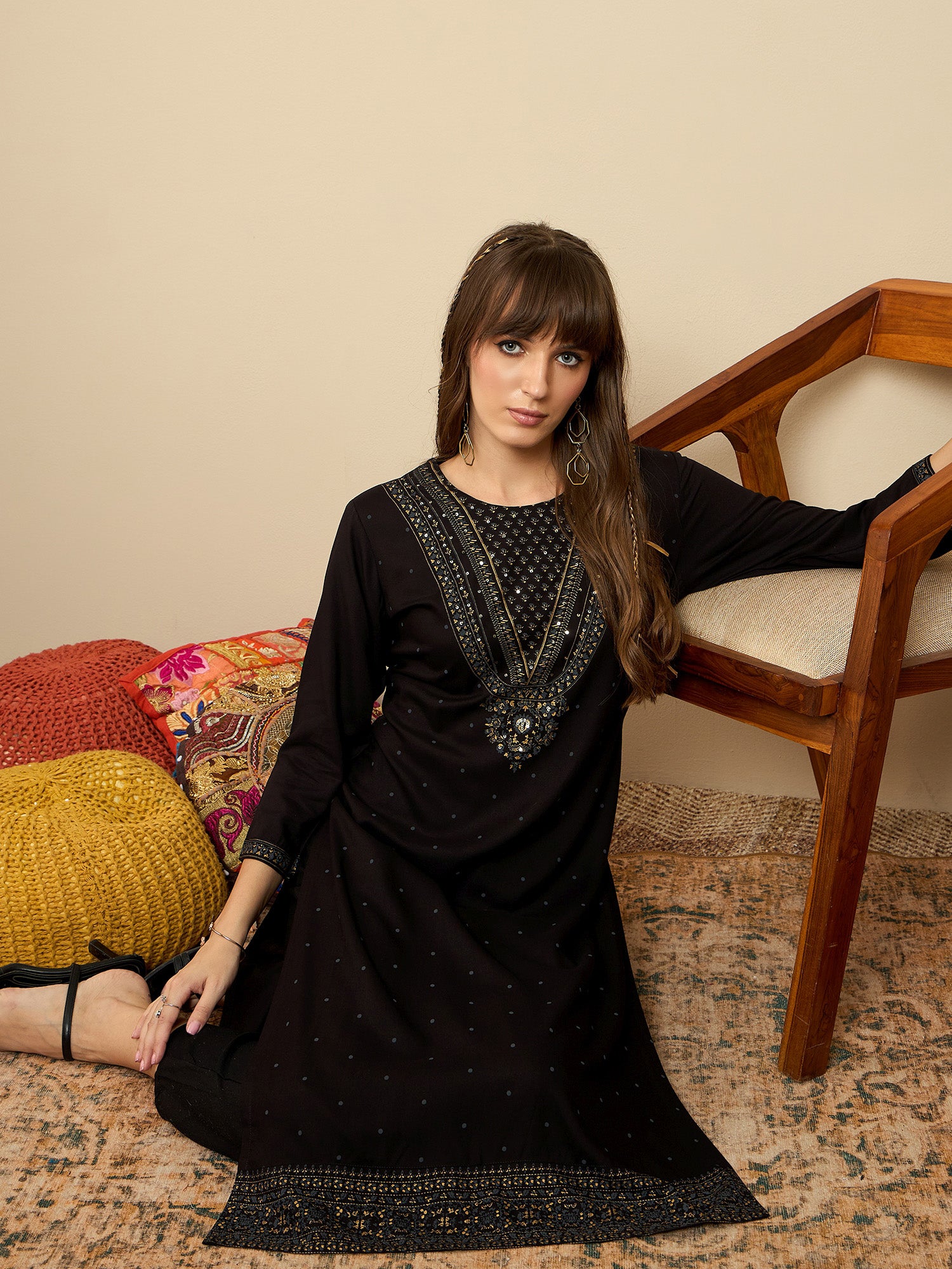 Indo Era Black Printed Straight Kurtas