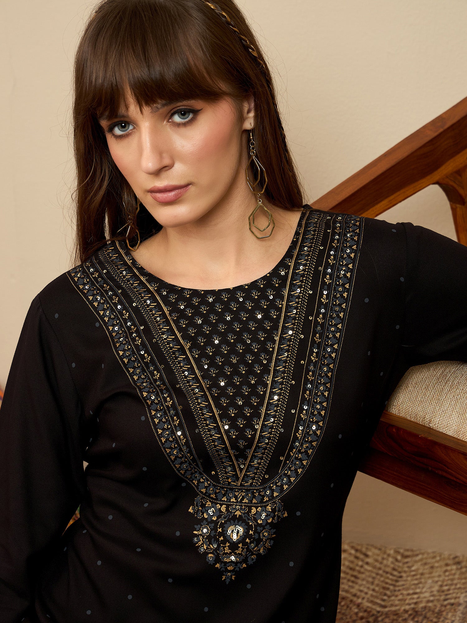 Indo Era Black Printed Straight Kurtas