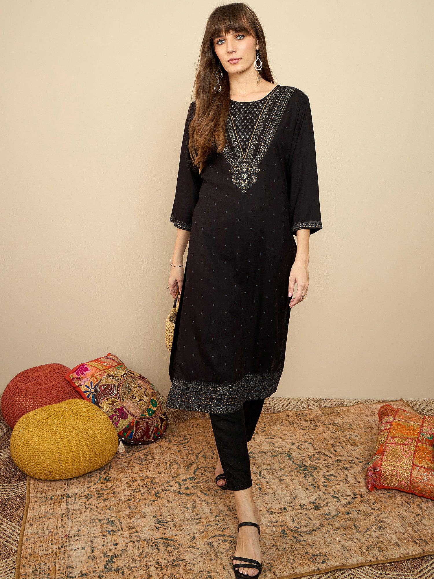 Indo Era Black Printed Straight Kurtas