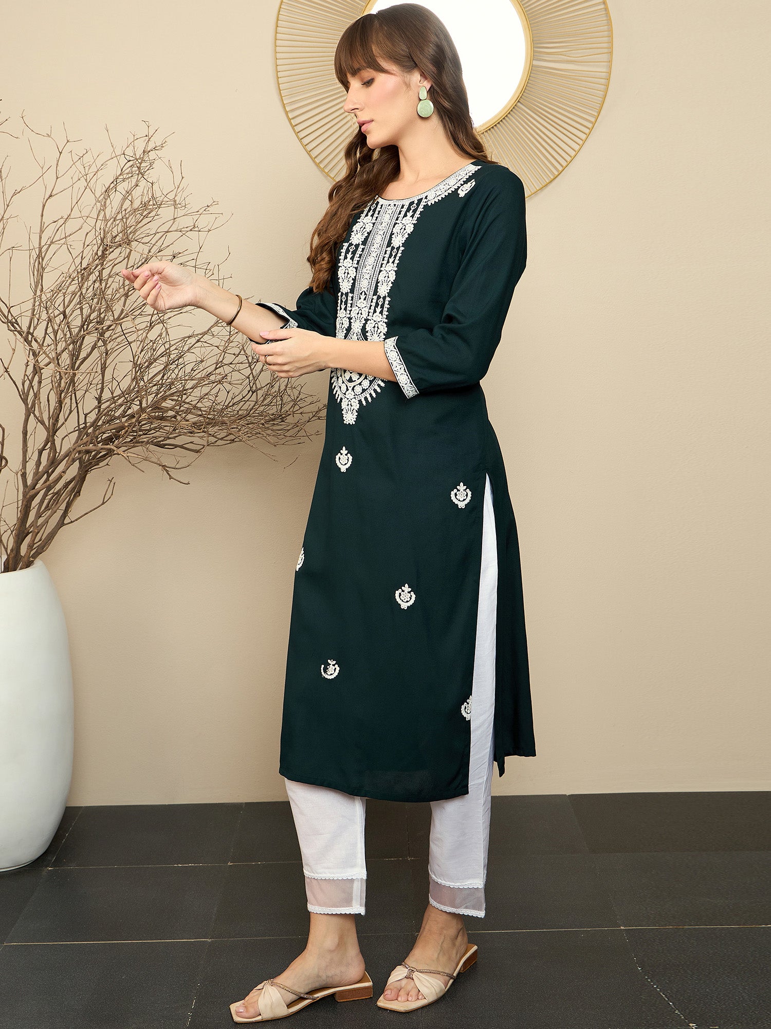 Indo Era Green Embroidered Straight Kurtas