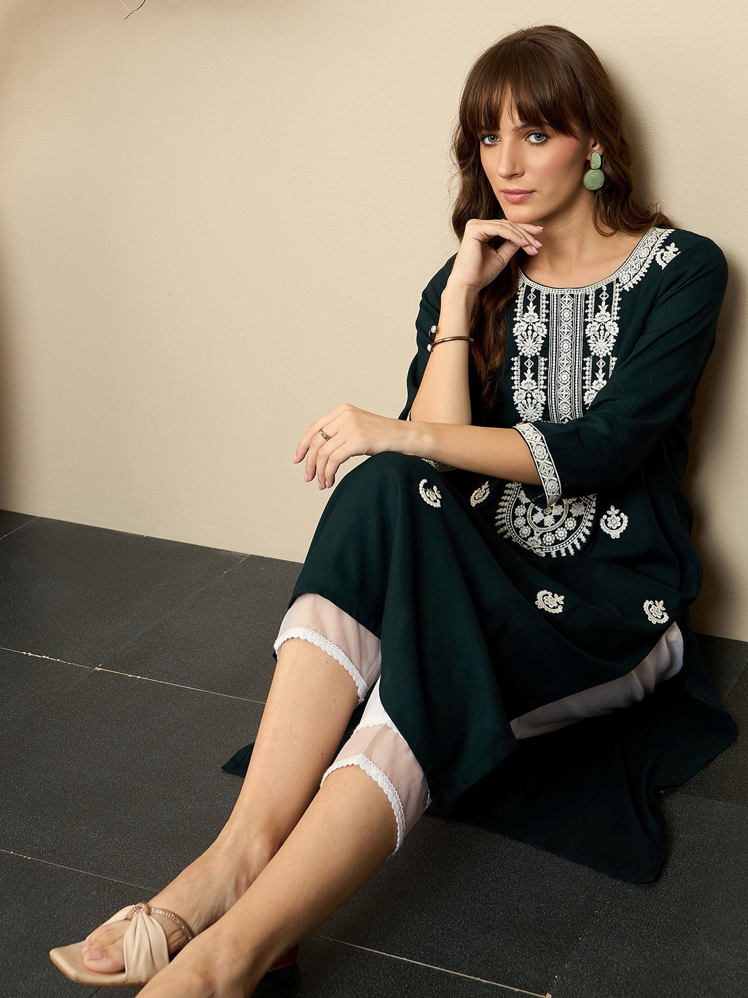 Indo Era Green Embroidered Straight Kurtas