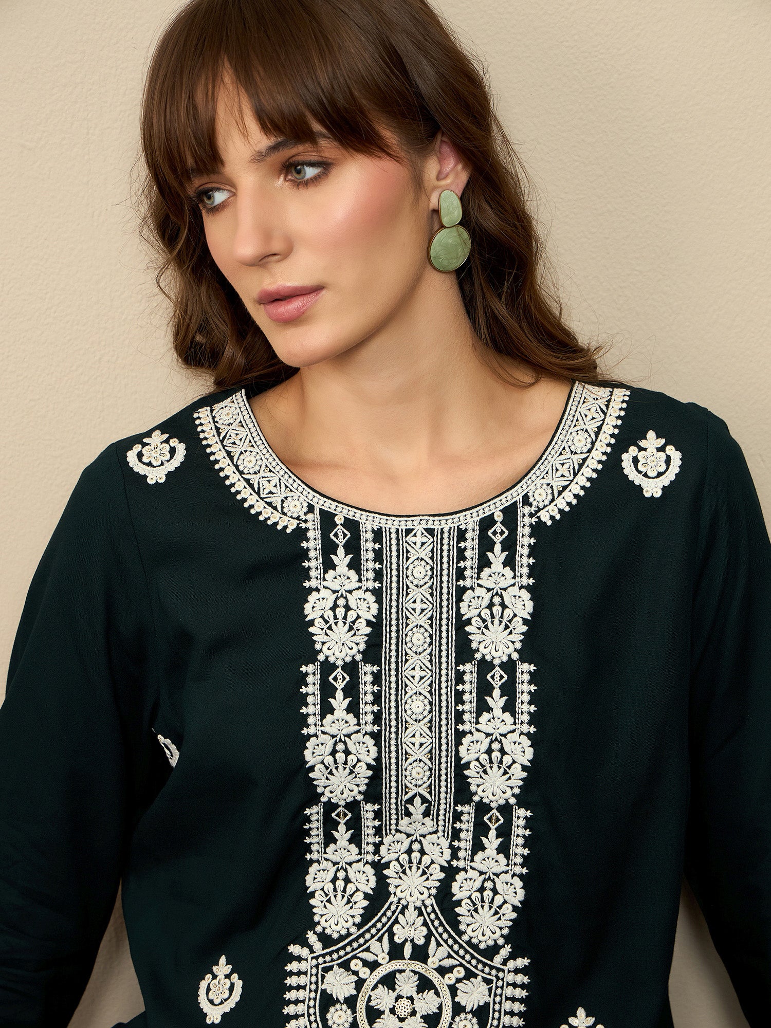 Indo Era Green Embroidered Straight Kurtas