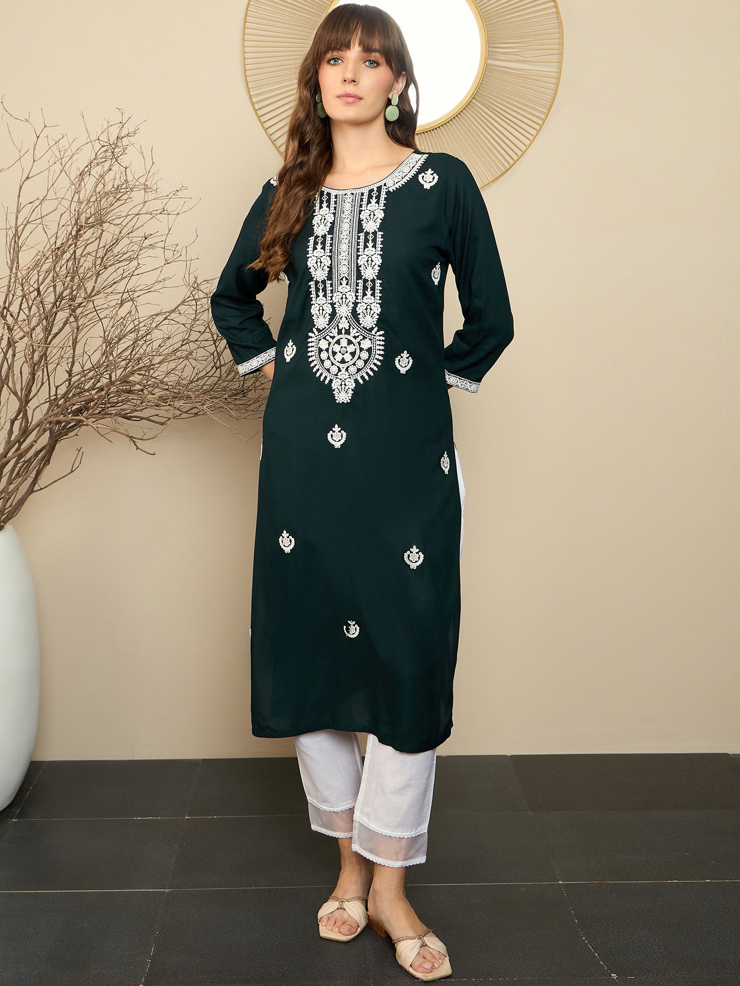 Indo Era Green Embroidered Straight Kurtas