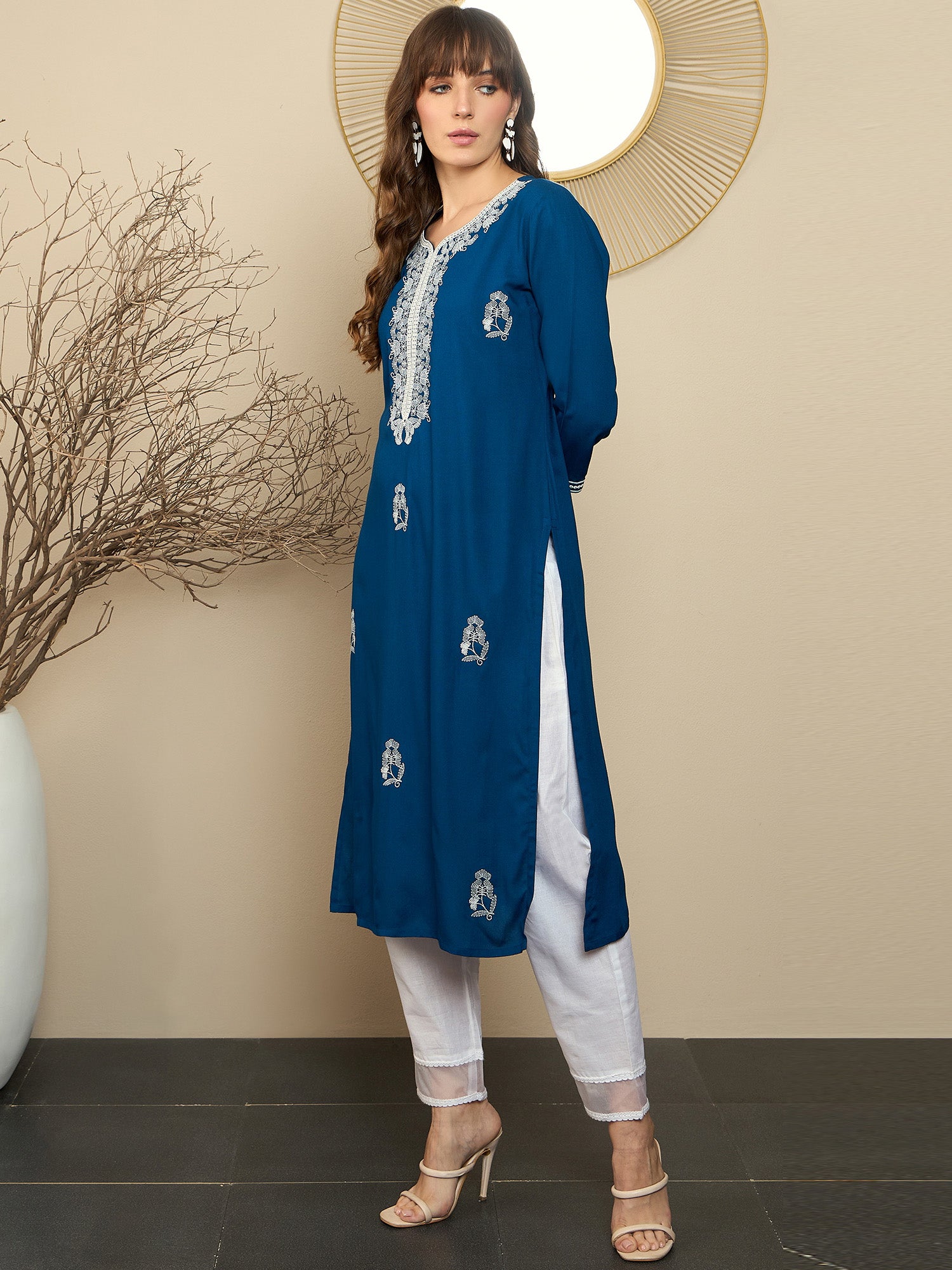 Indo Era Teal Embroidered Straight Kurtas