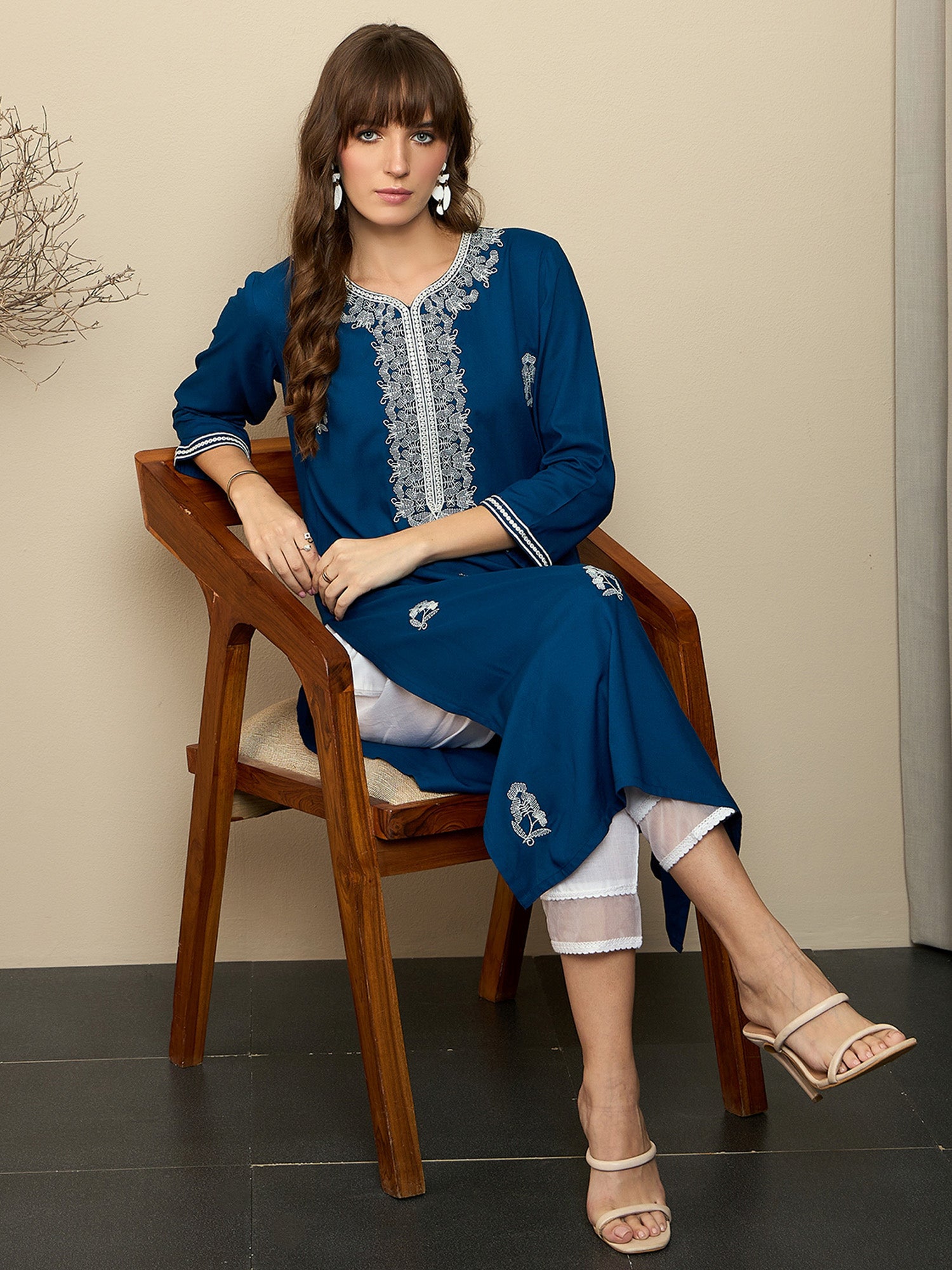 Indo Era Teal Embroidered Straight Kurtas