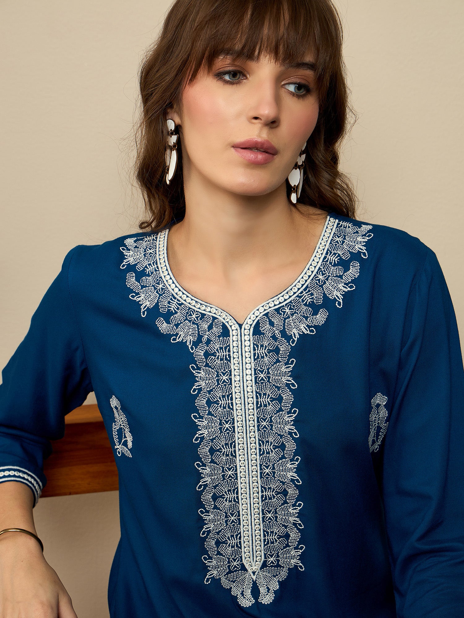 Indo Era Teal Embroidered Straight Kurtas