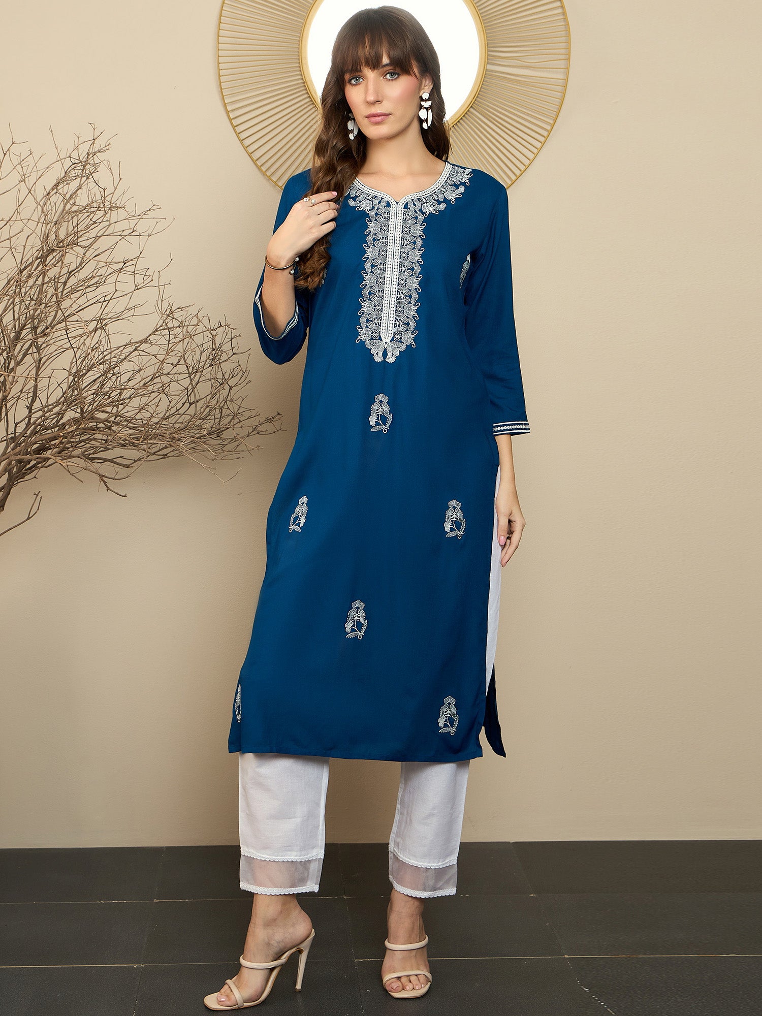 Indo Era Teal Embroidered Straight Kurtas