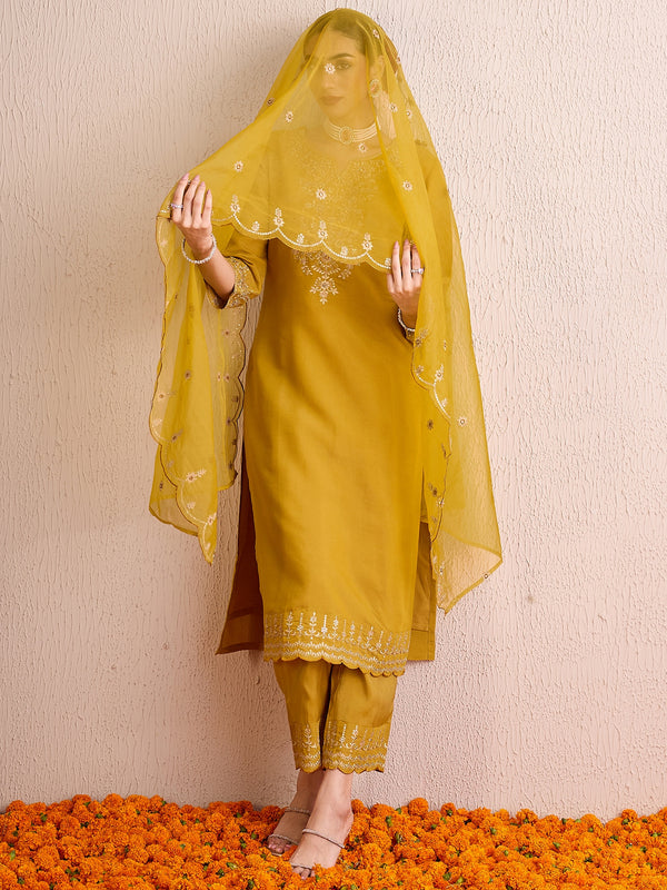 Indo Era Mustard Embroidered Straight Kurta Trousers With Dupatta set