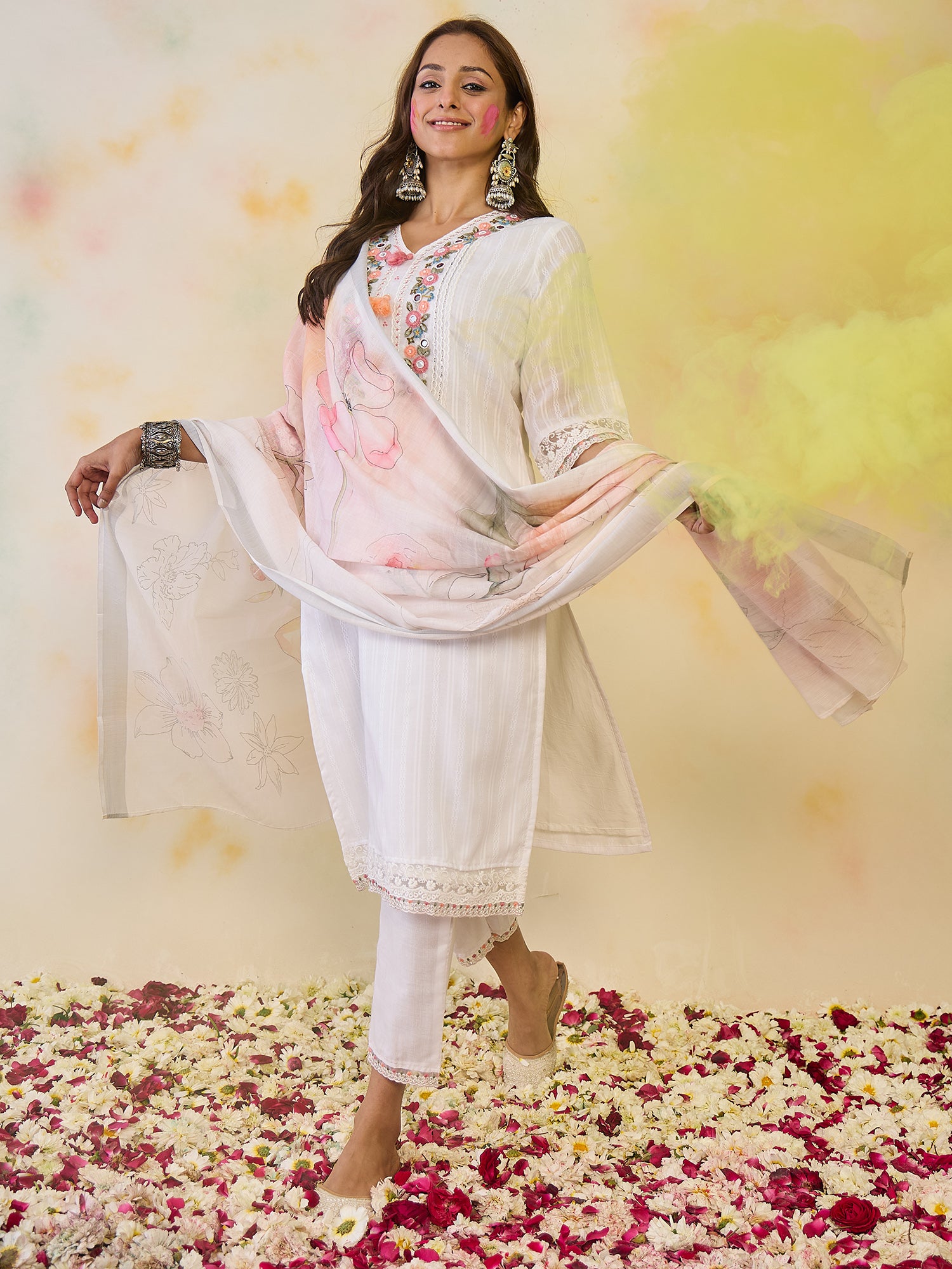 Indo Era Off White Embroidered Straight Kurta Trousers With Dupatta set