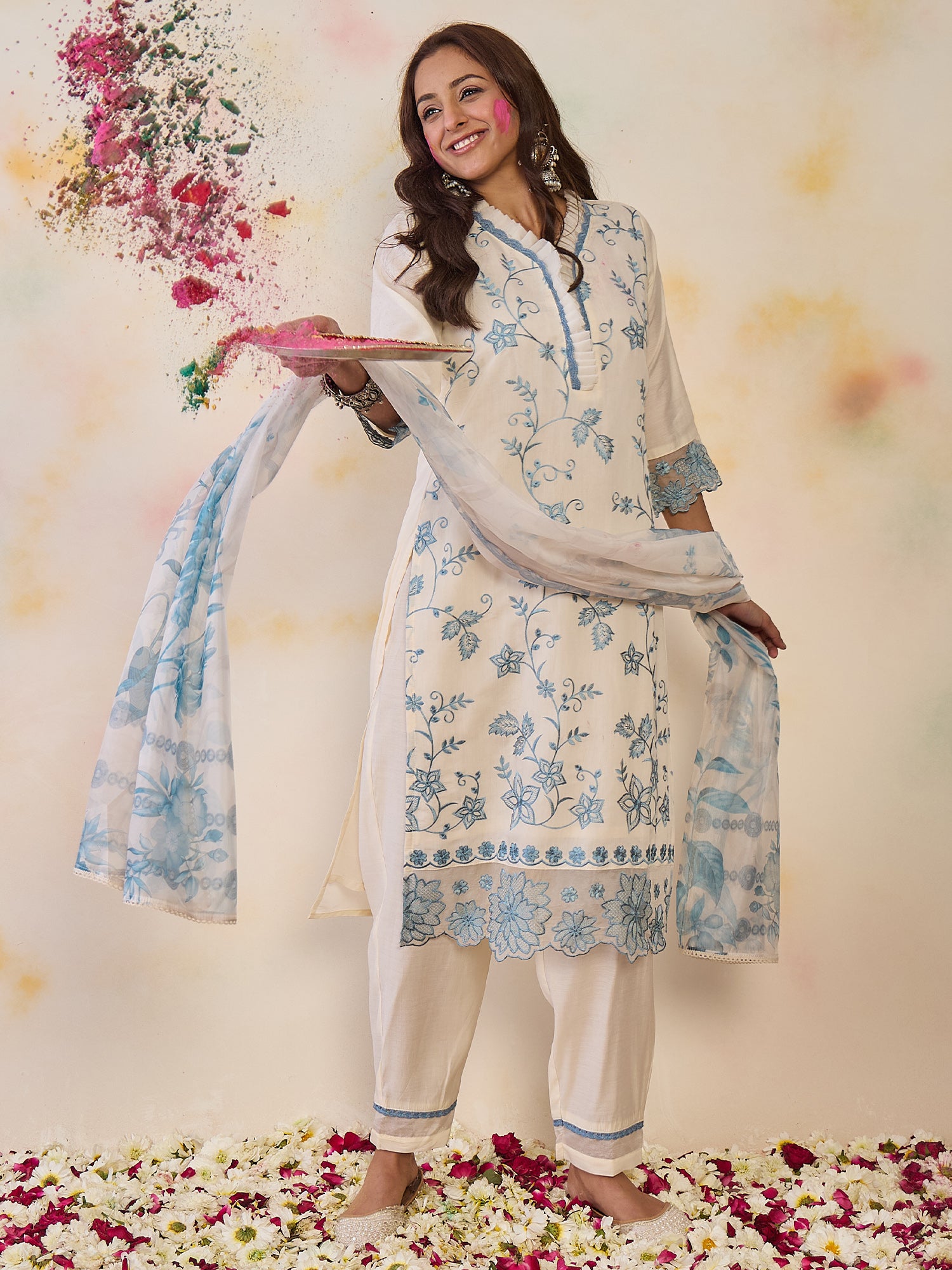 Indo Era Off White Embroidered Straight Kurta Trousers With Dupatta Set