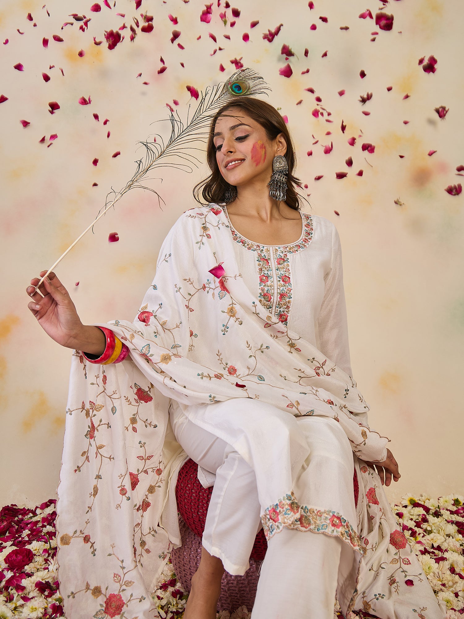 Indo Era White Embroidered Straight Kurta Trousers With Dupatta set