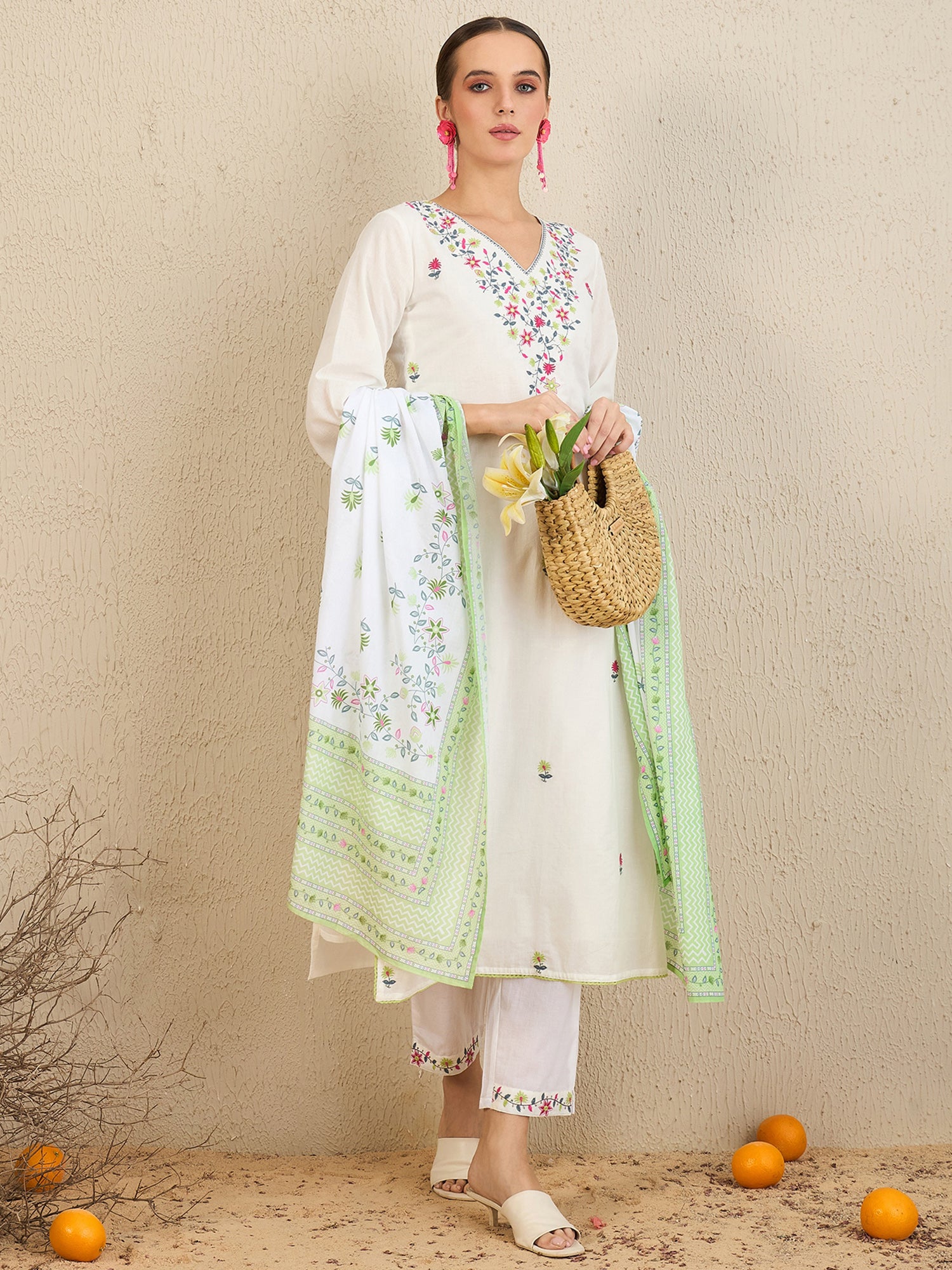 Indo Era White Embroidered Straight Kurta Trousers With Dupatta Set