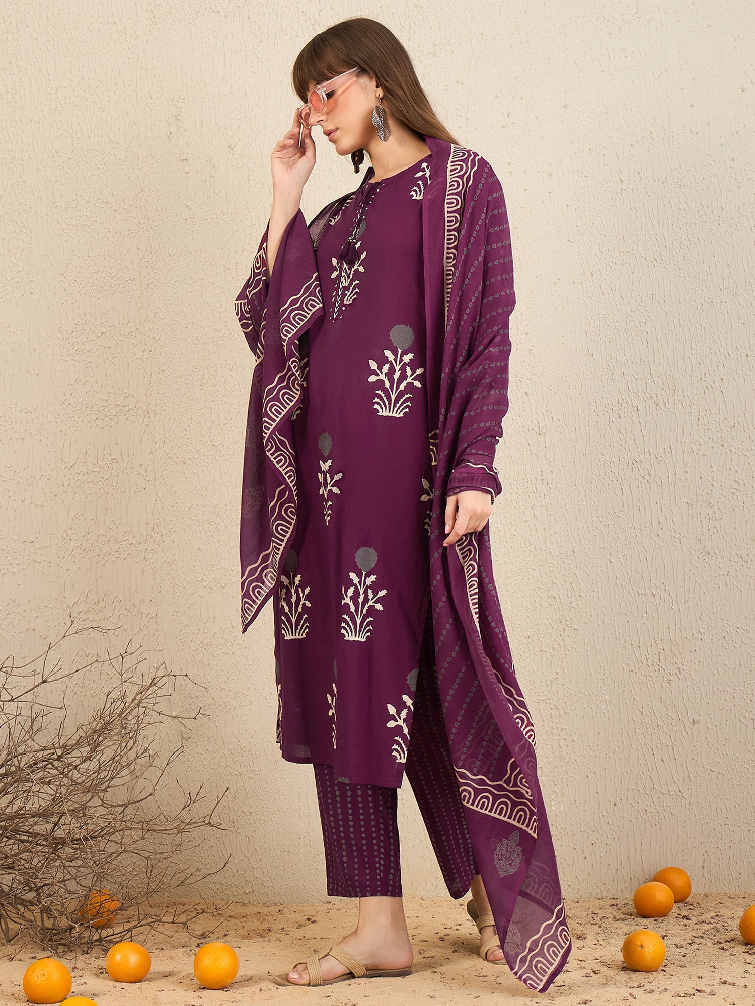 Indo Era Burgundy Printed Straight Kurta Trousers With Dupatta Set