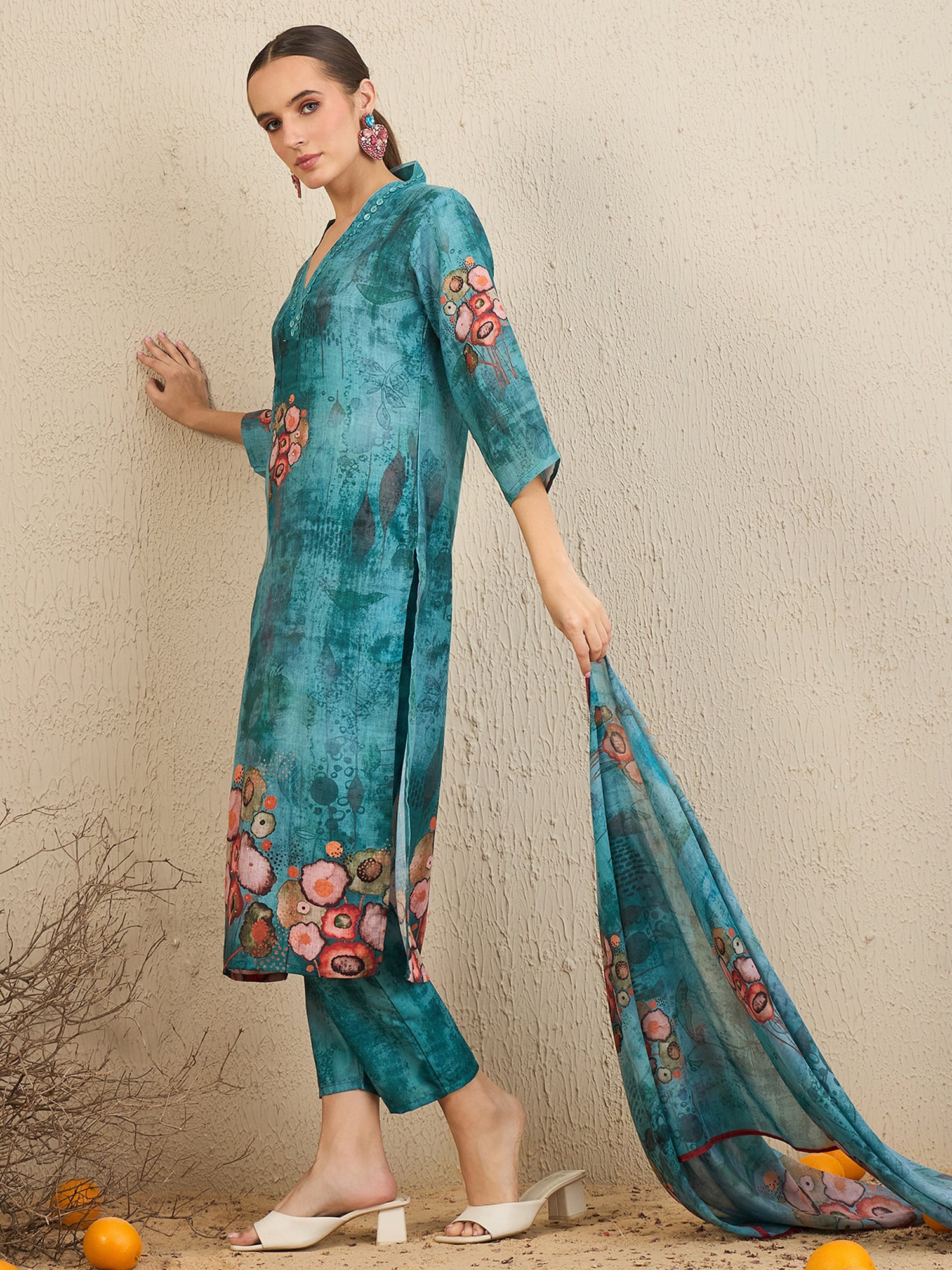 Indo Era Green Printed Straight Kurta Trousers With Dupatta Set