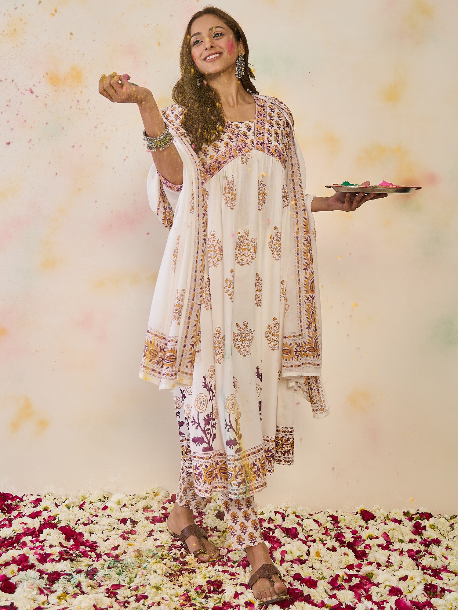 Indo Era White Printed A-Line Kurta Trousers With Dupatta Set