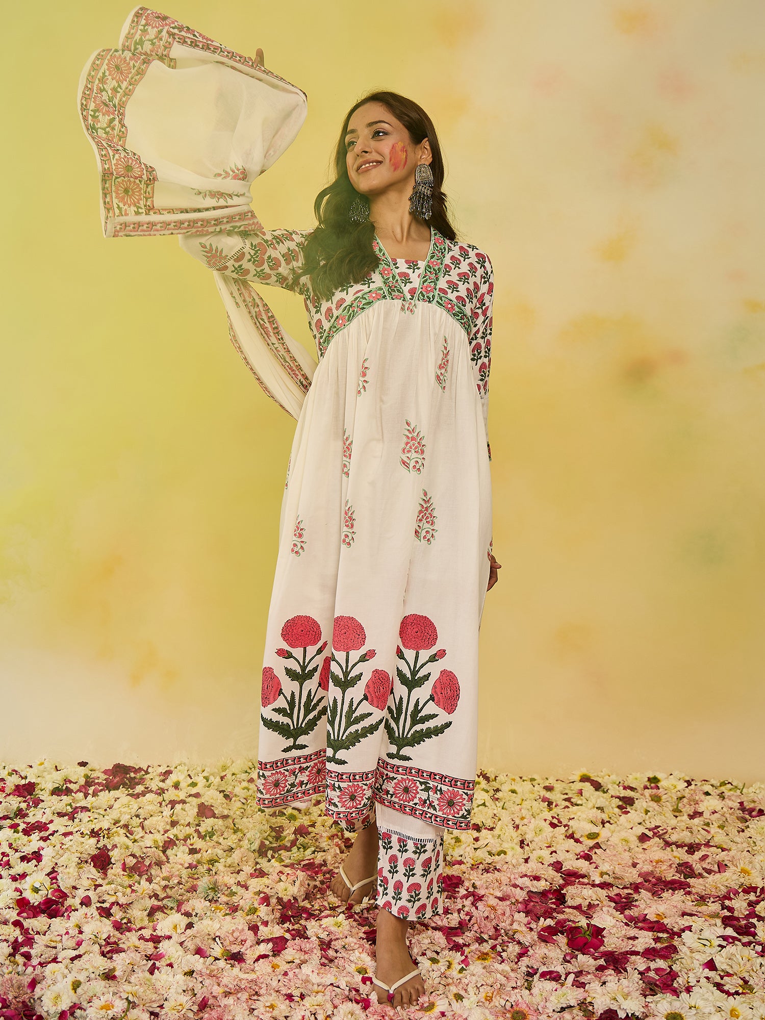 Indo Era White Printed A-Line Kurta Trousers With Dupatta Set