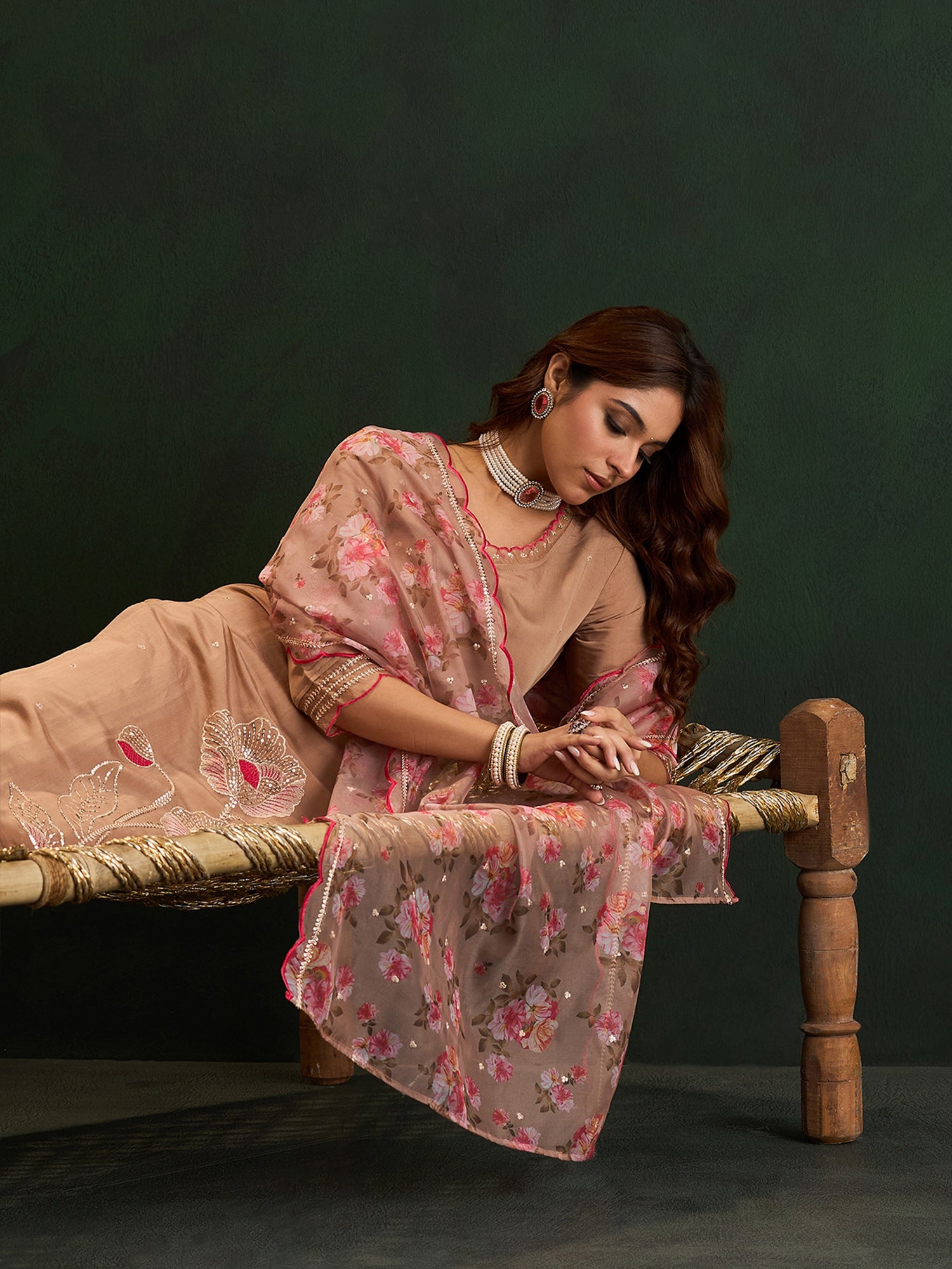 Indo Era Brown Embroidered Straight Kurta Trousers With Dupatta Set