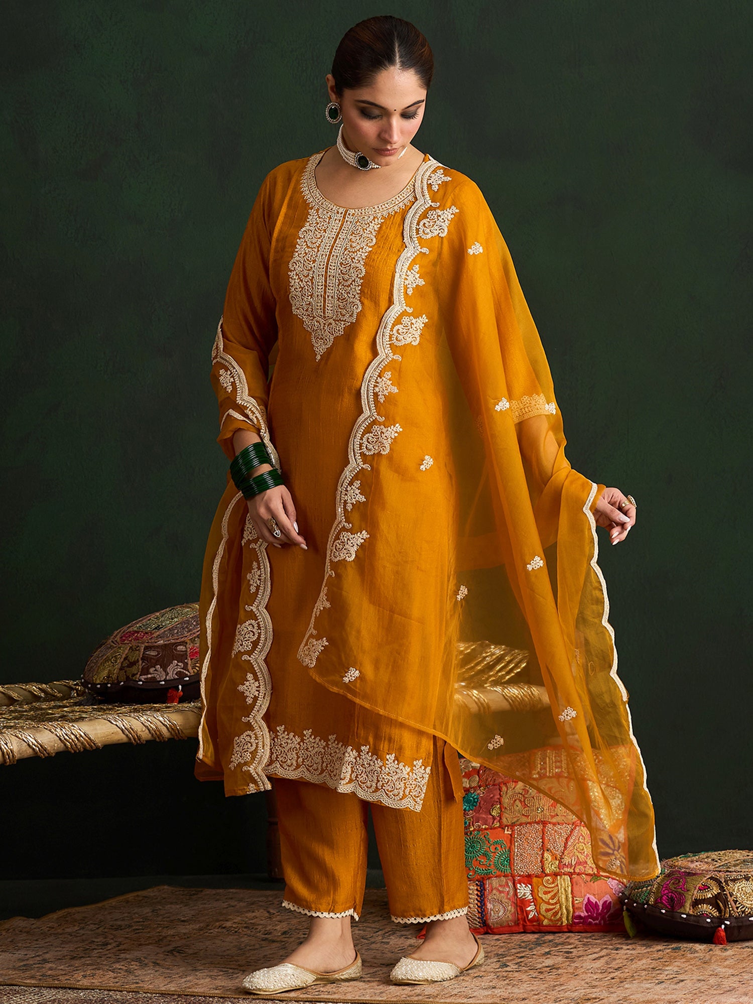 Indo Era Mustard Embroidered Straight Kurta Trousers With Dupatta Set