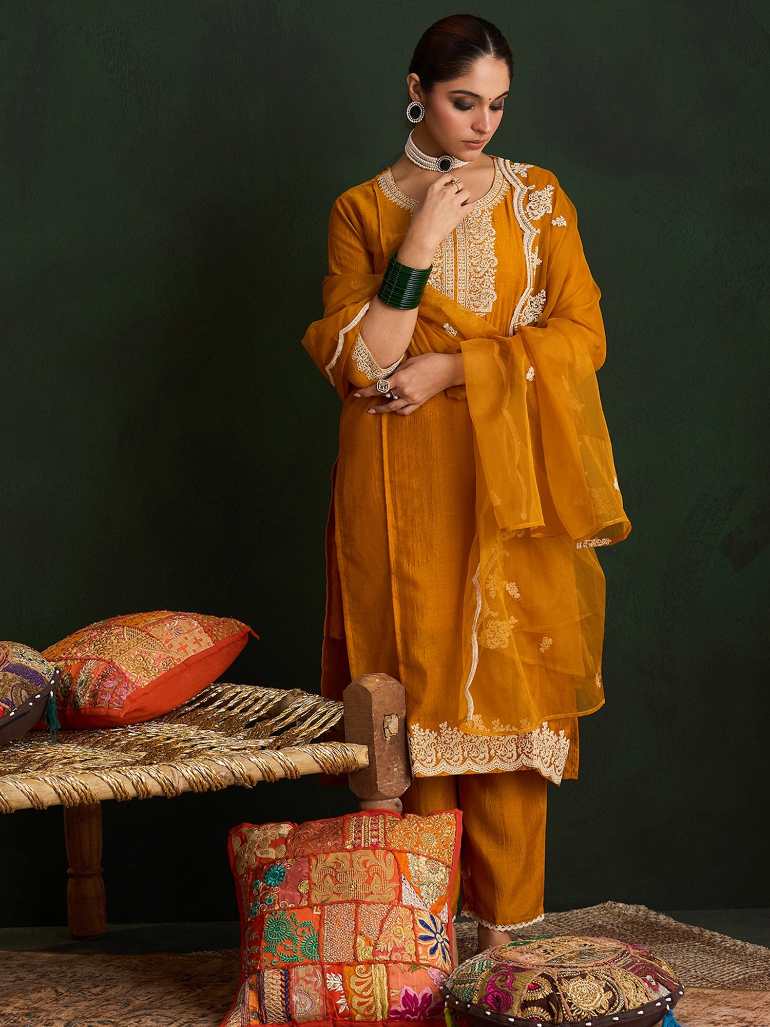 Indo Era Mustard Embroidered Straight Kurta Trousers With Dupatta Set