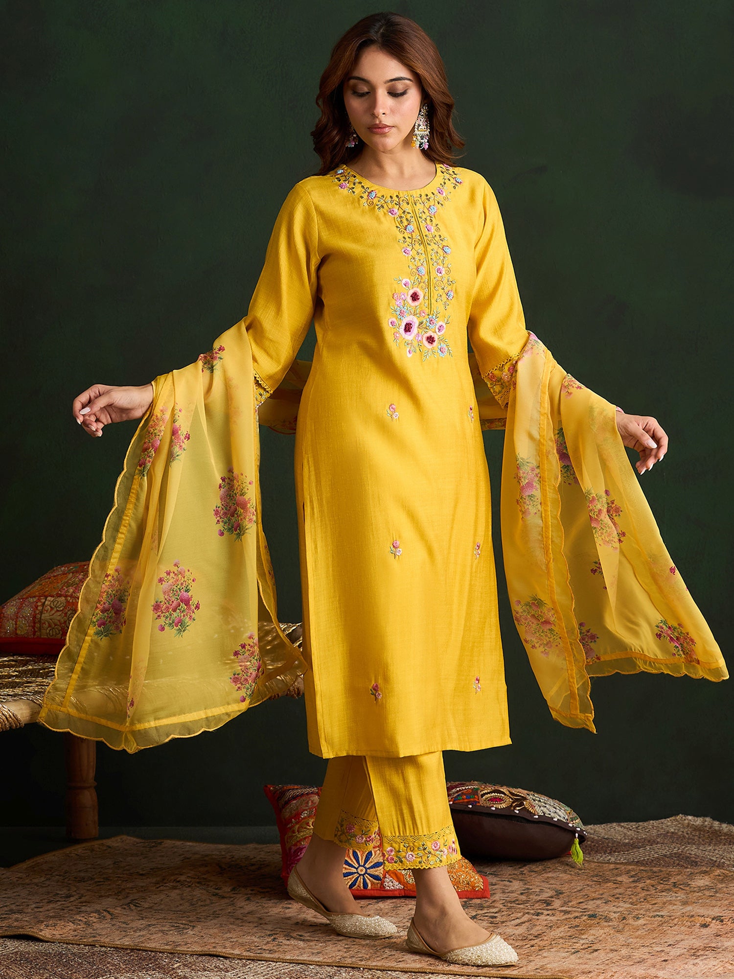 Indo Era Yellow Embroidered Straight Kurta Trousers With Dupatta Set