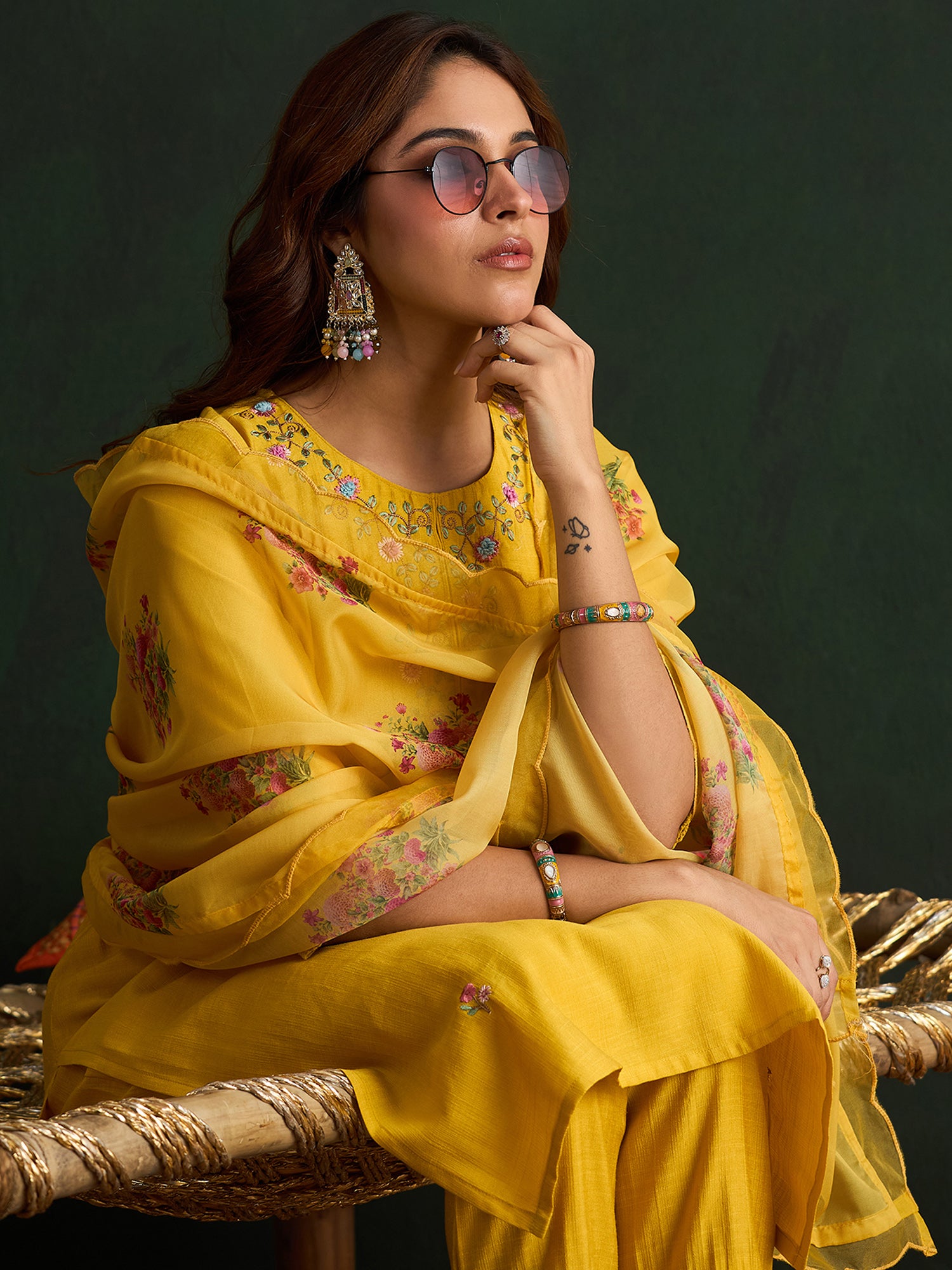 Indo Era Yellow Embroidered Straight Kurta Trousers With Dupatta Set