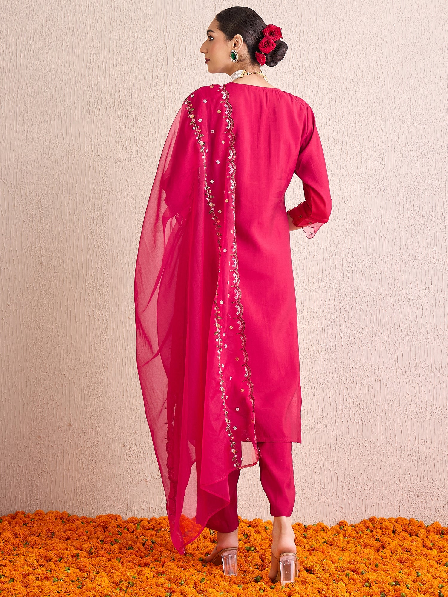 Indo Era Red Embroidered A-Line Kurta Trousers With Dupatta Set