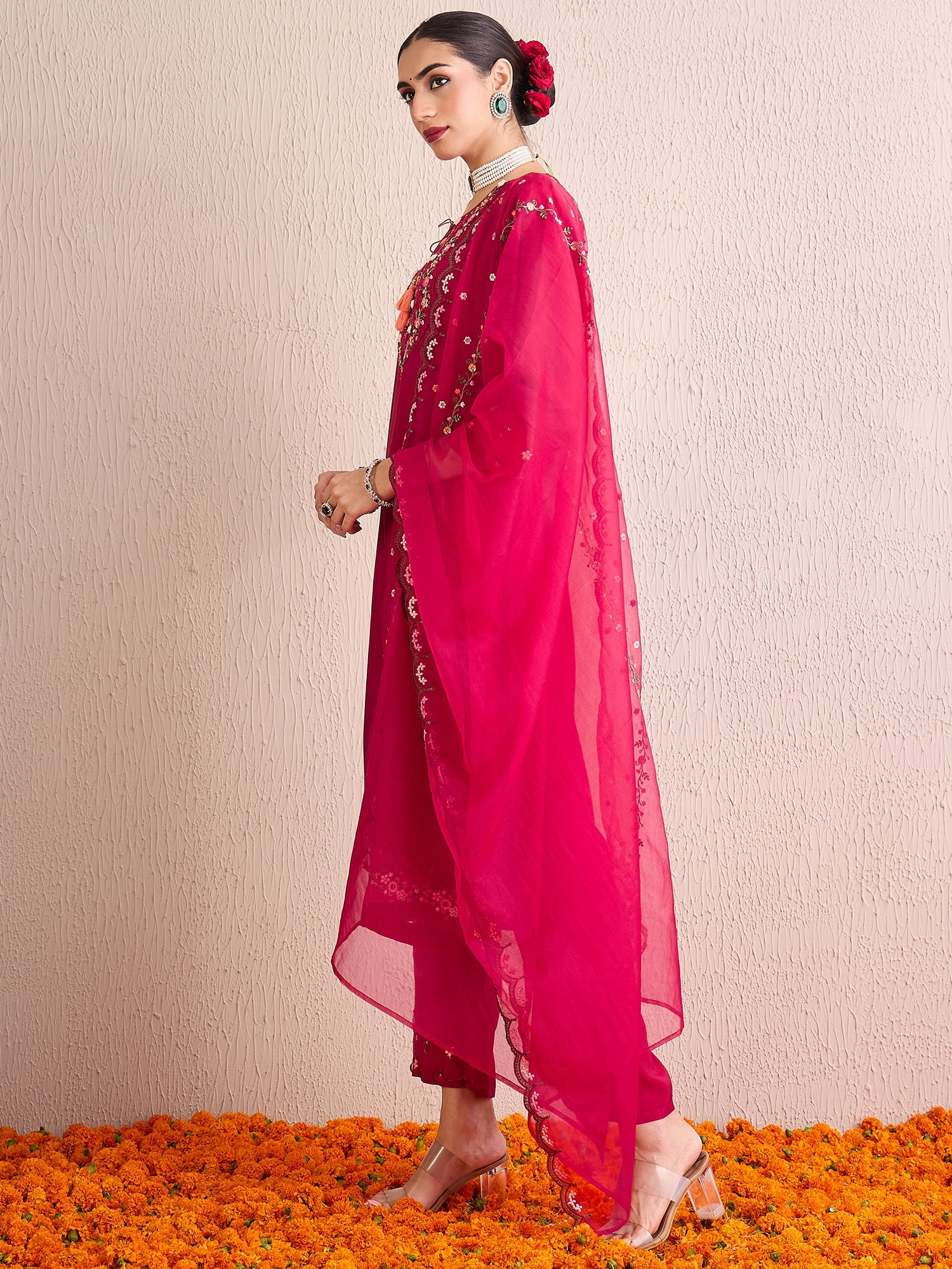 Indo Era Red Embroidered A-Line Kurta Trousers With Dupatta Set