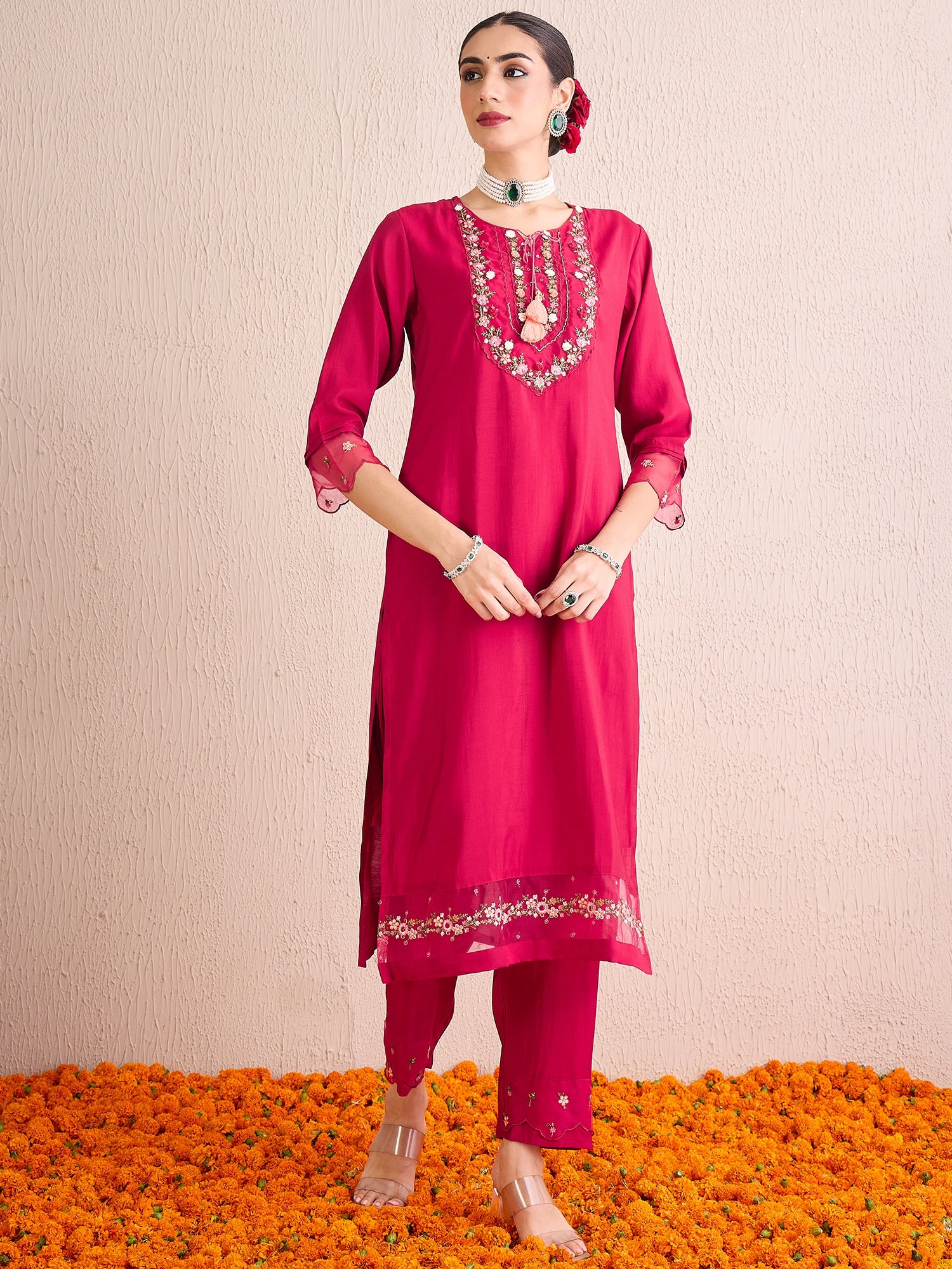 Indo Era Red Embroidered A-Line Kurta Trousers With Dupatta Set