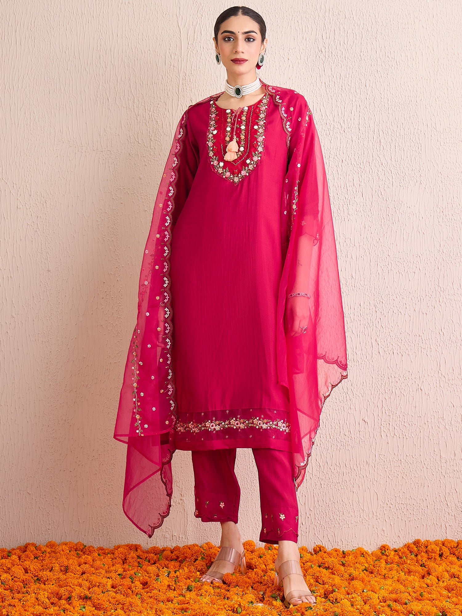 Indo Era Red Embroidered A-Line Kurta Trousers With Dupatta Set