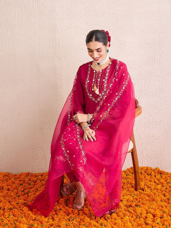 Indo Era Red Embroidered A-Line Kurta Trousers With Dupatta Set