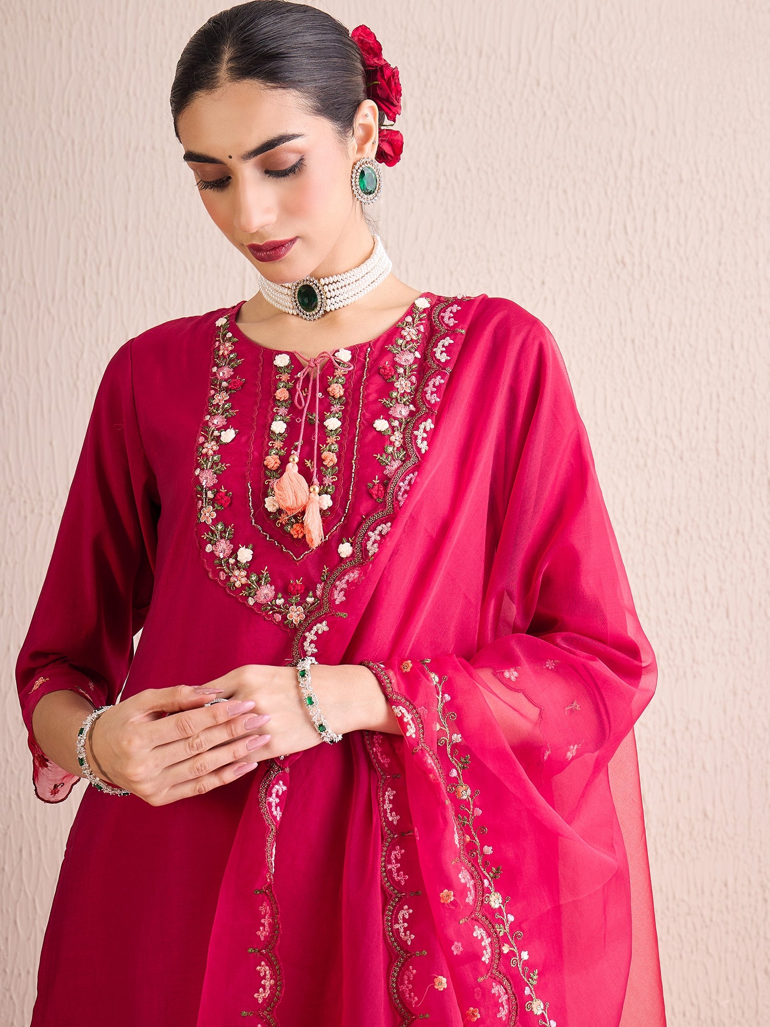 Indo Era Red Embroidered A-Line Kurta Trousers With Dupatta Set