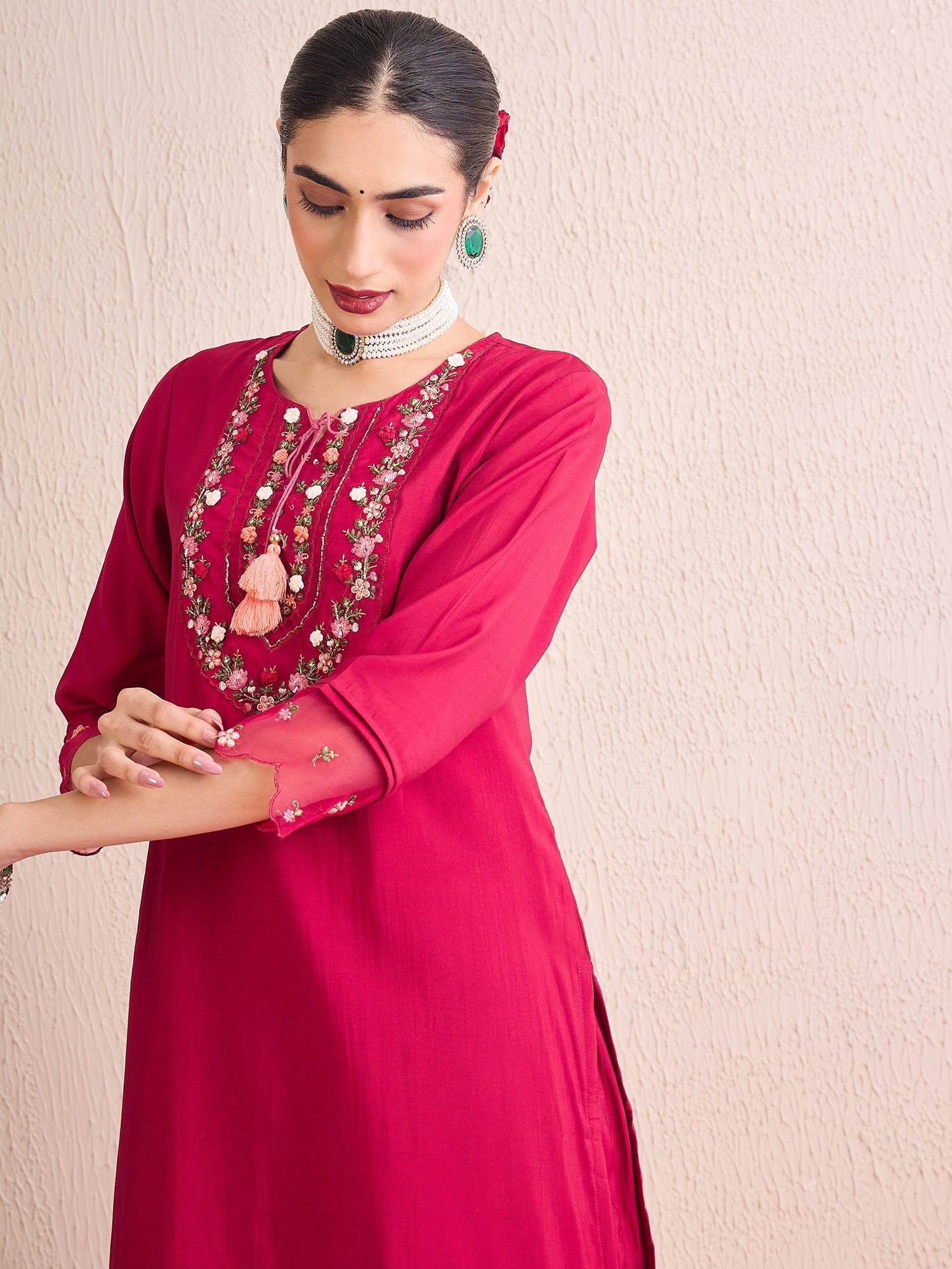 Indo Era Red Embroidered A-Line Kurta Trousers With Dupatta Set