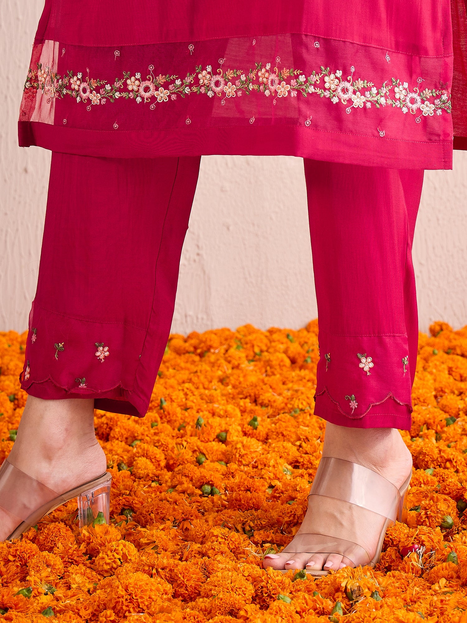 Indo Era Red Embroidered A-Line Kurta Trousers With Dupatta Set