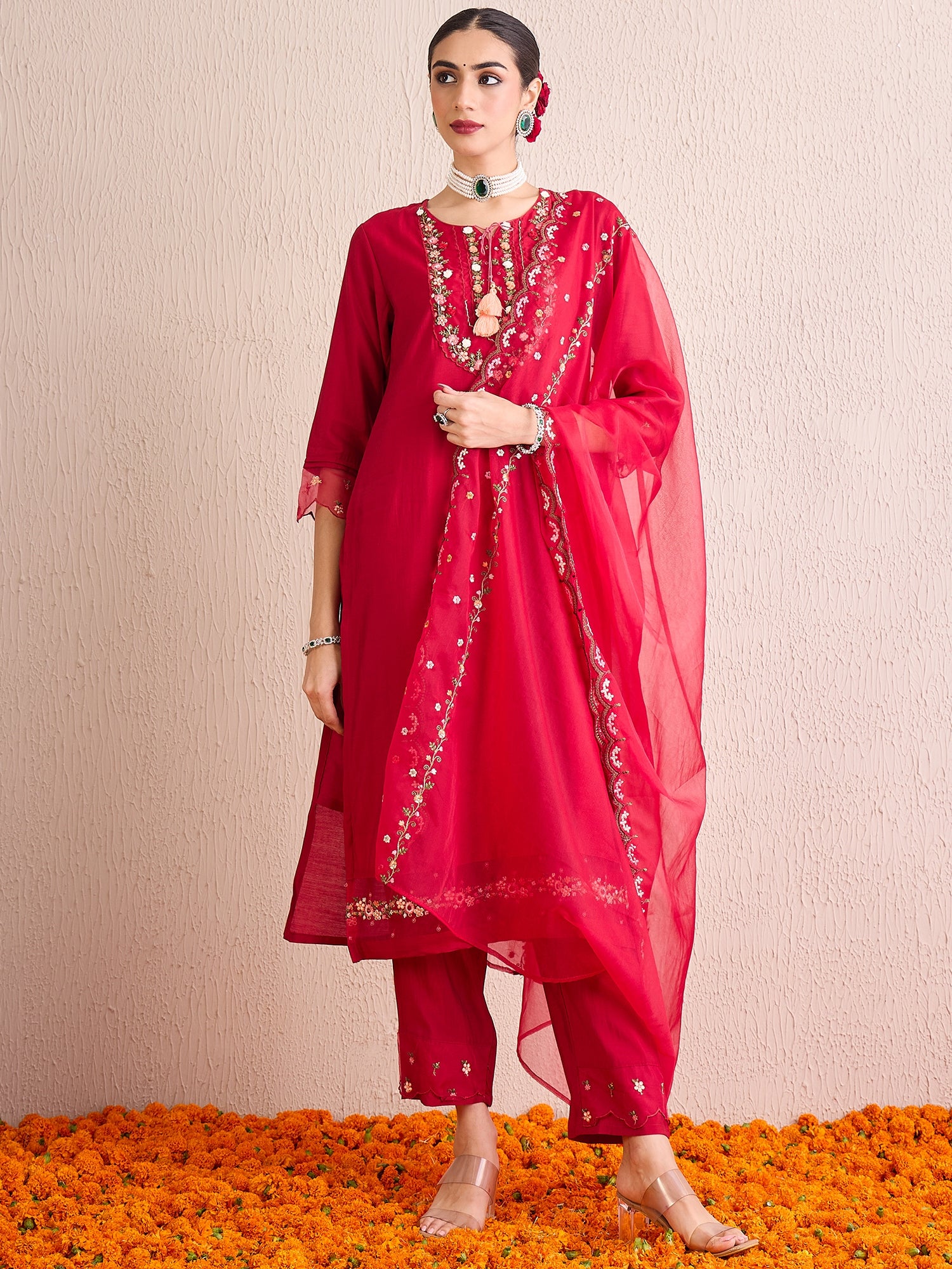 Indo Era Red Embroidered A-Line Kurta Trousers With Dupatta Set