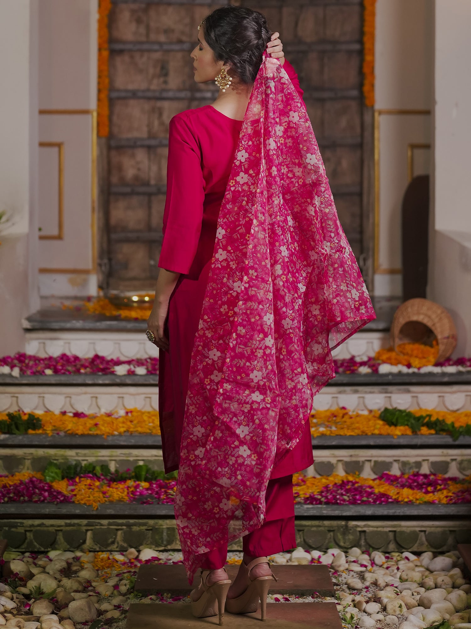 Indo Era Red Embroidered Straight Kurta Trousers With Dupatta Set