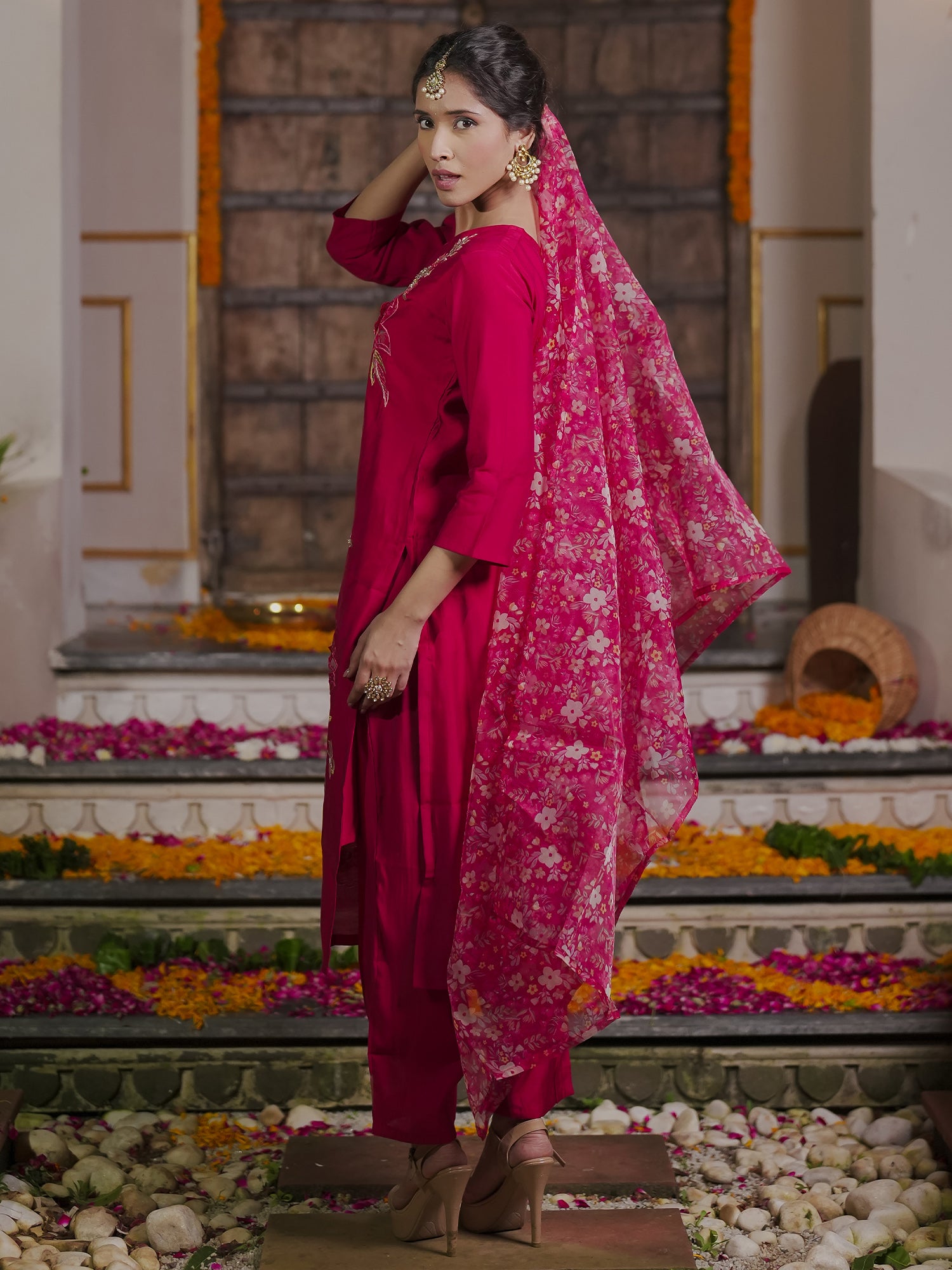 Indo Era Red Embroidered Straight Kurta Trousers With Dupatta Set