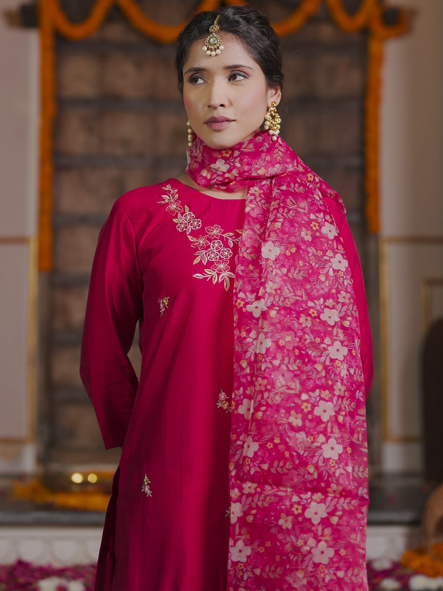 Indo Era Red Embroidered Straight Kurta Trousers With Dupatta Set