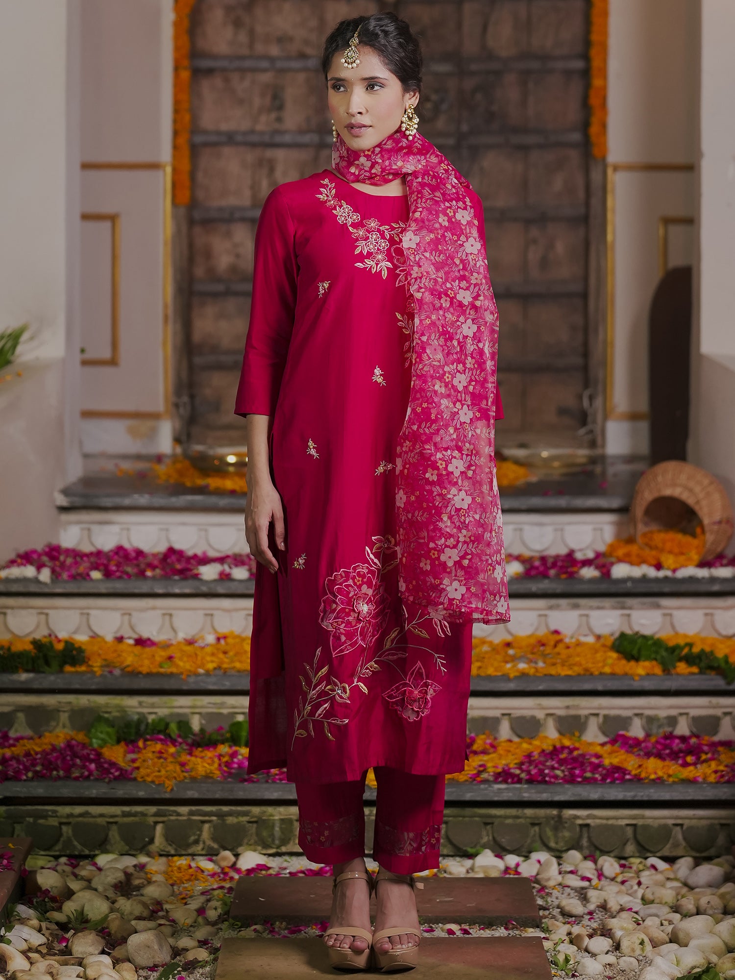 Indo Era Red Embroidered Straight Kurta Trousers With Dupatta Set