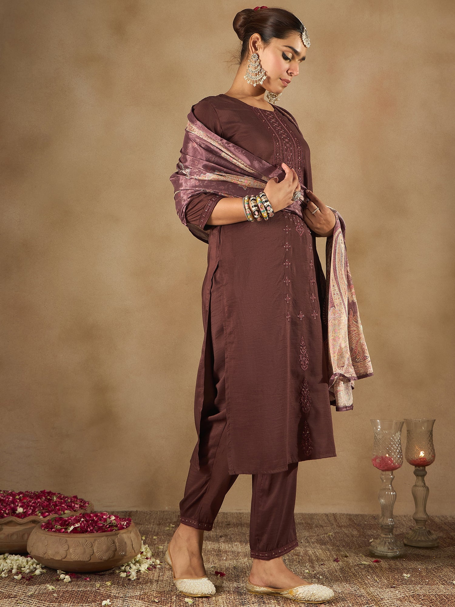 Indo Era Burgundy Embroidered Straight Kurta Trousers With Dupatta set