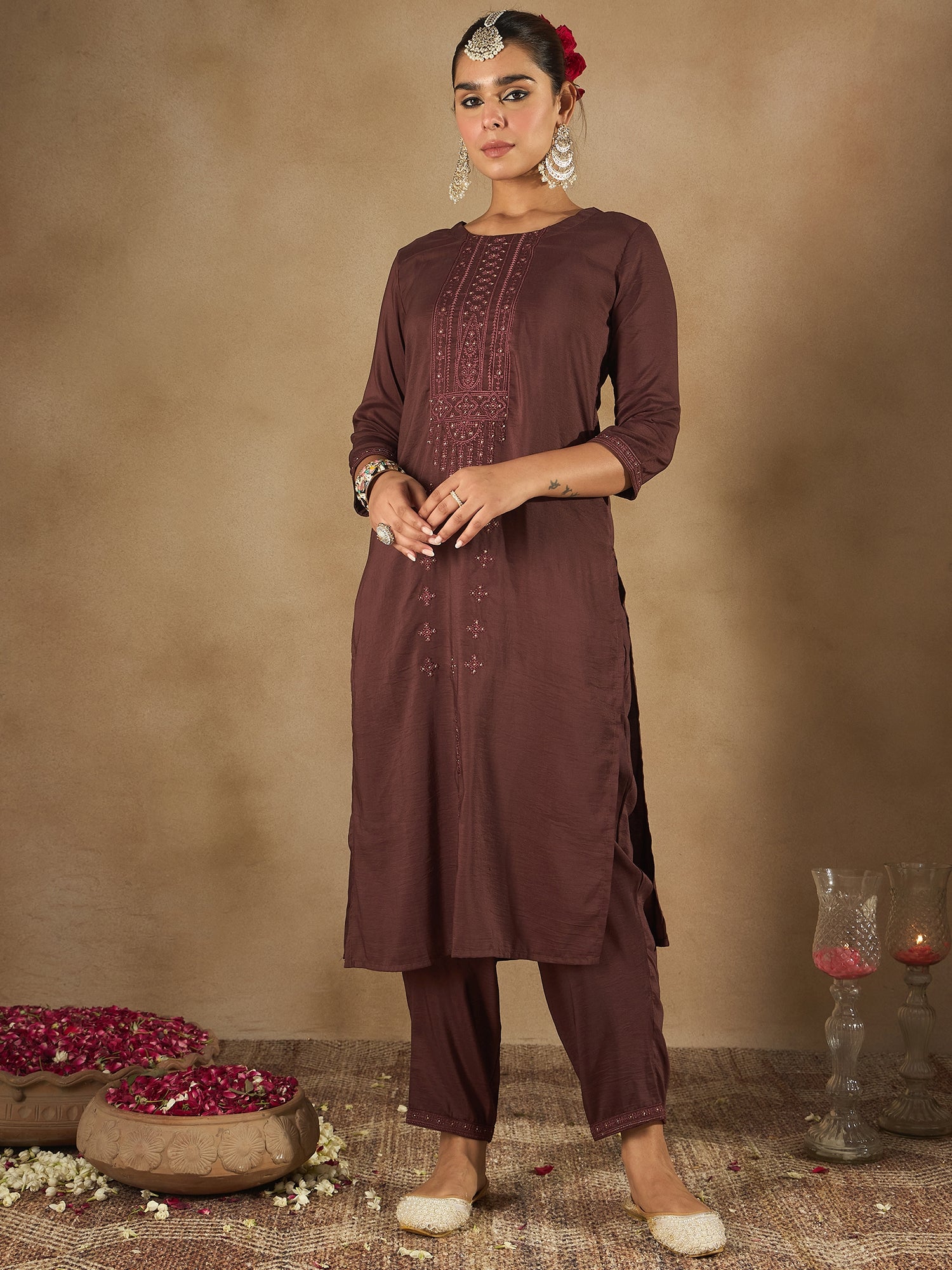 Indo Era Burgundy Embroidered Straight Kurta Trousers With Dupatta set