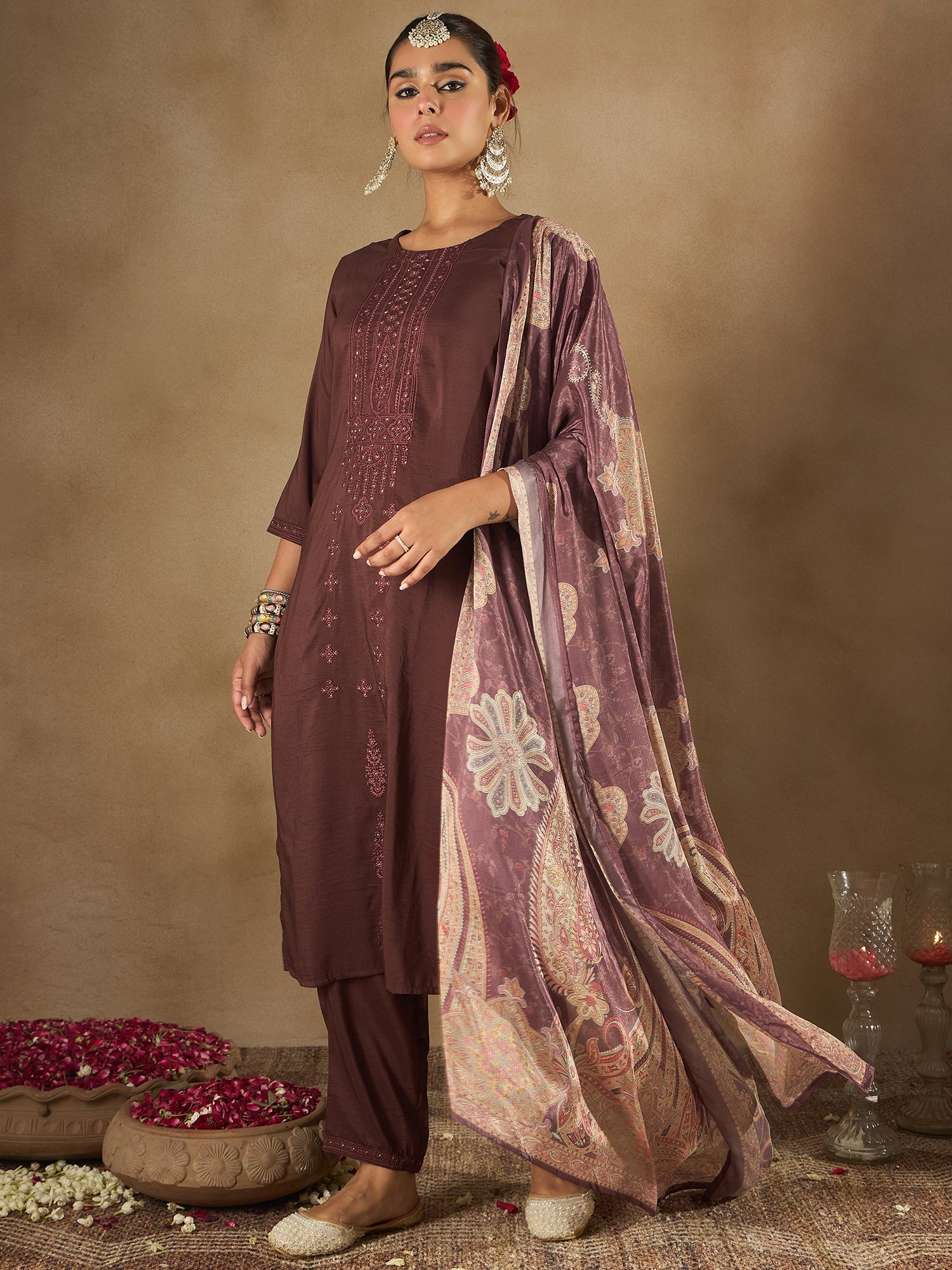 Indo Era Burgundy Embroidered Straight Kurta Trousers With Dupatta set