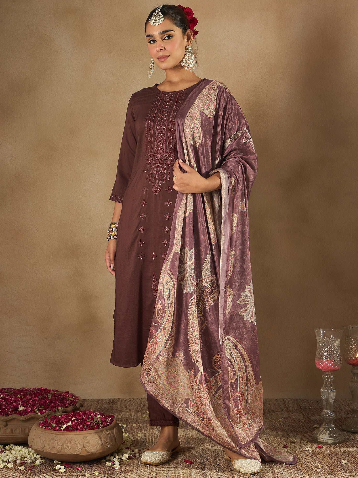 Indo Era Burgundy Embroidered Straight Kurta Trousers With Dupatta set