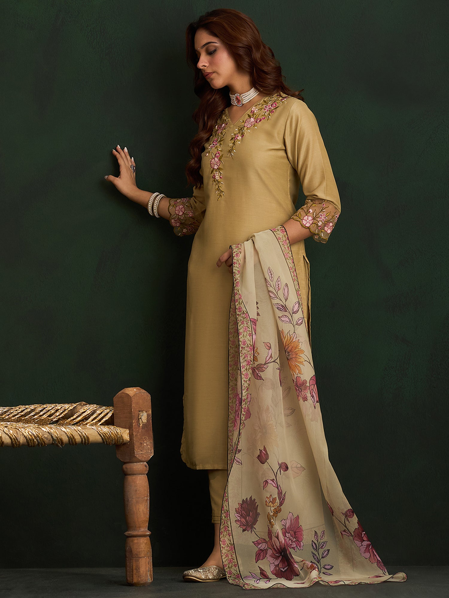 Indo Era Beige Embroidered Straight Kurta Trousers With Dupatta set