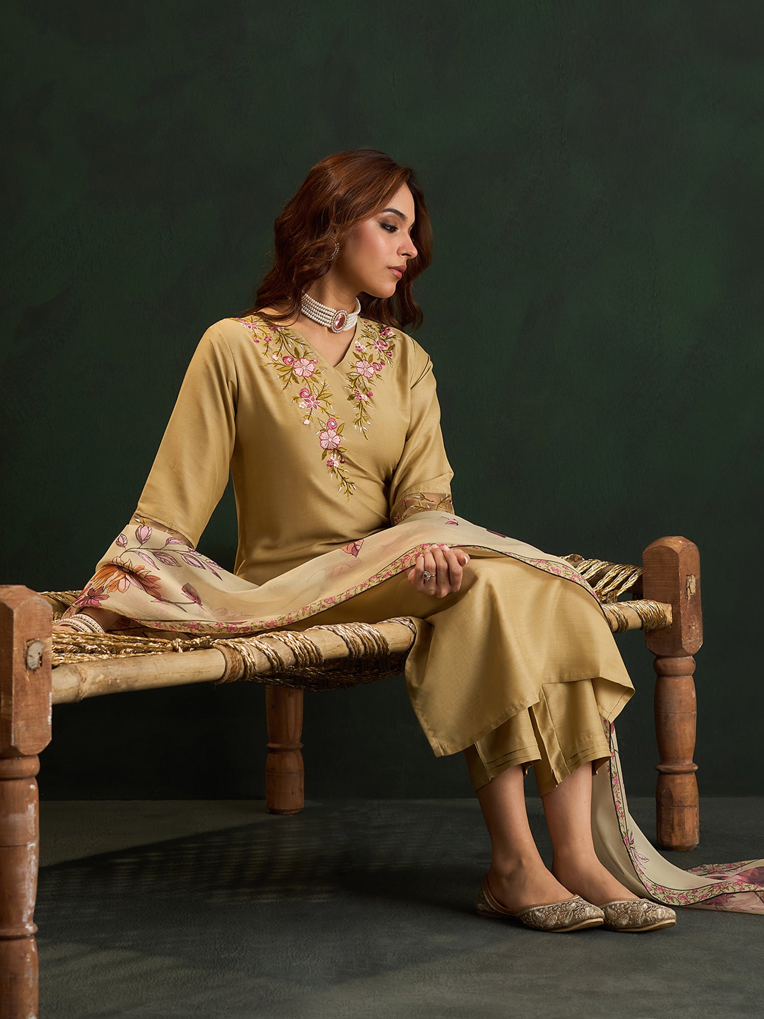 Indo Era Beige Embroidered Straight Kurta Trousers With Dupatta set