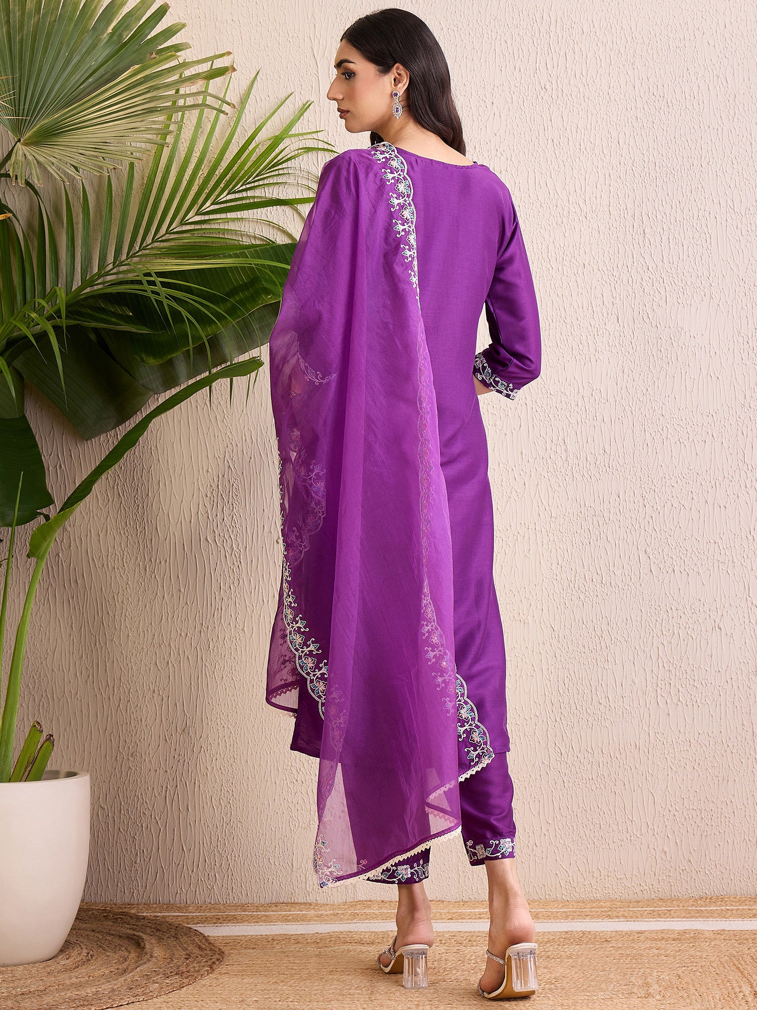 Indo Era Purple Embroidered Straight Kurta Trousers With Dupatta set