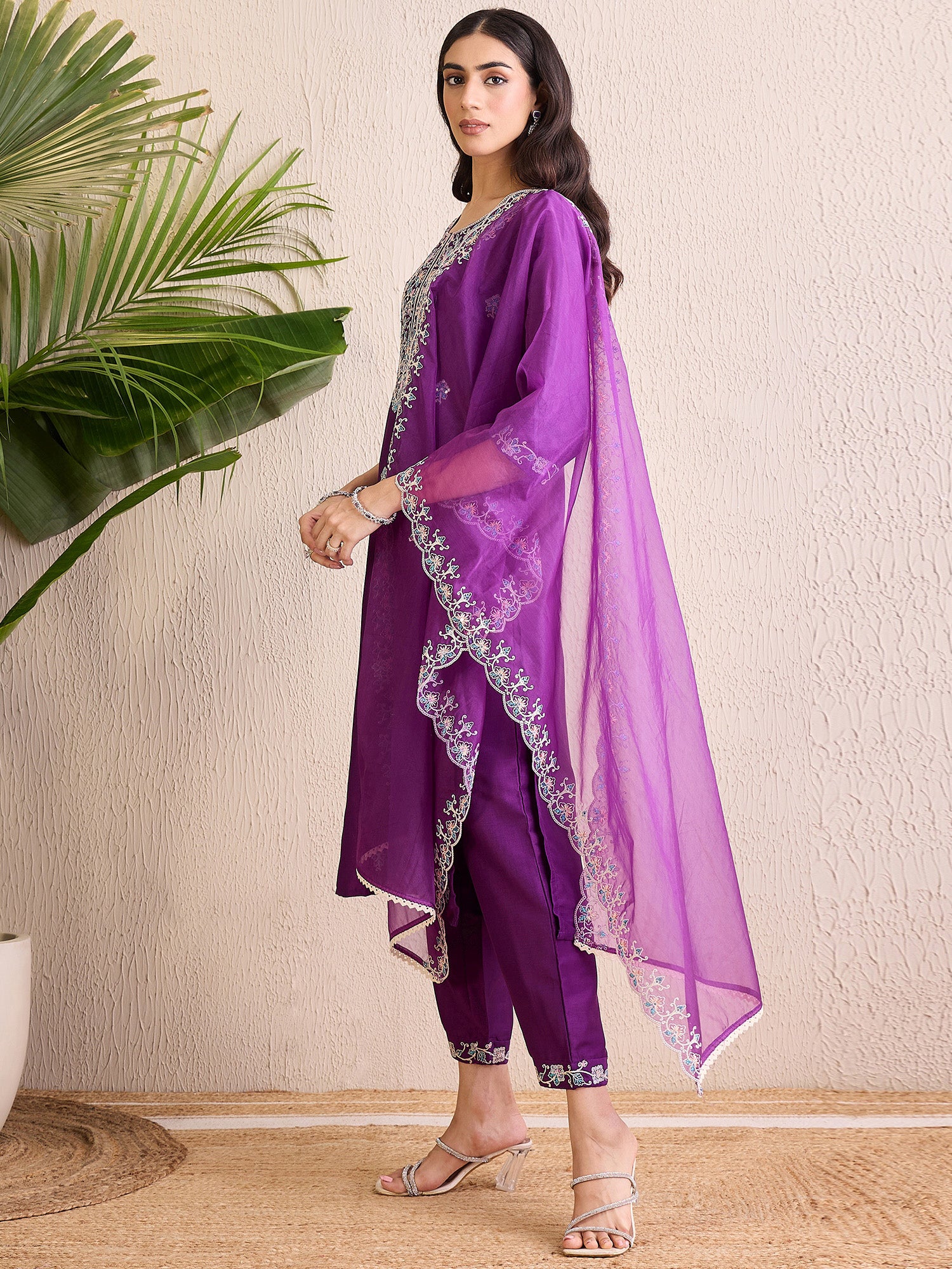 Indo Era Purple Embroidered Straight Kurta Trousers With Dupatta set