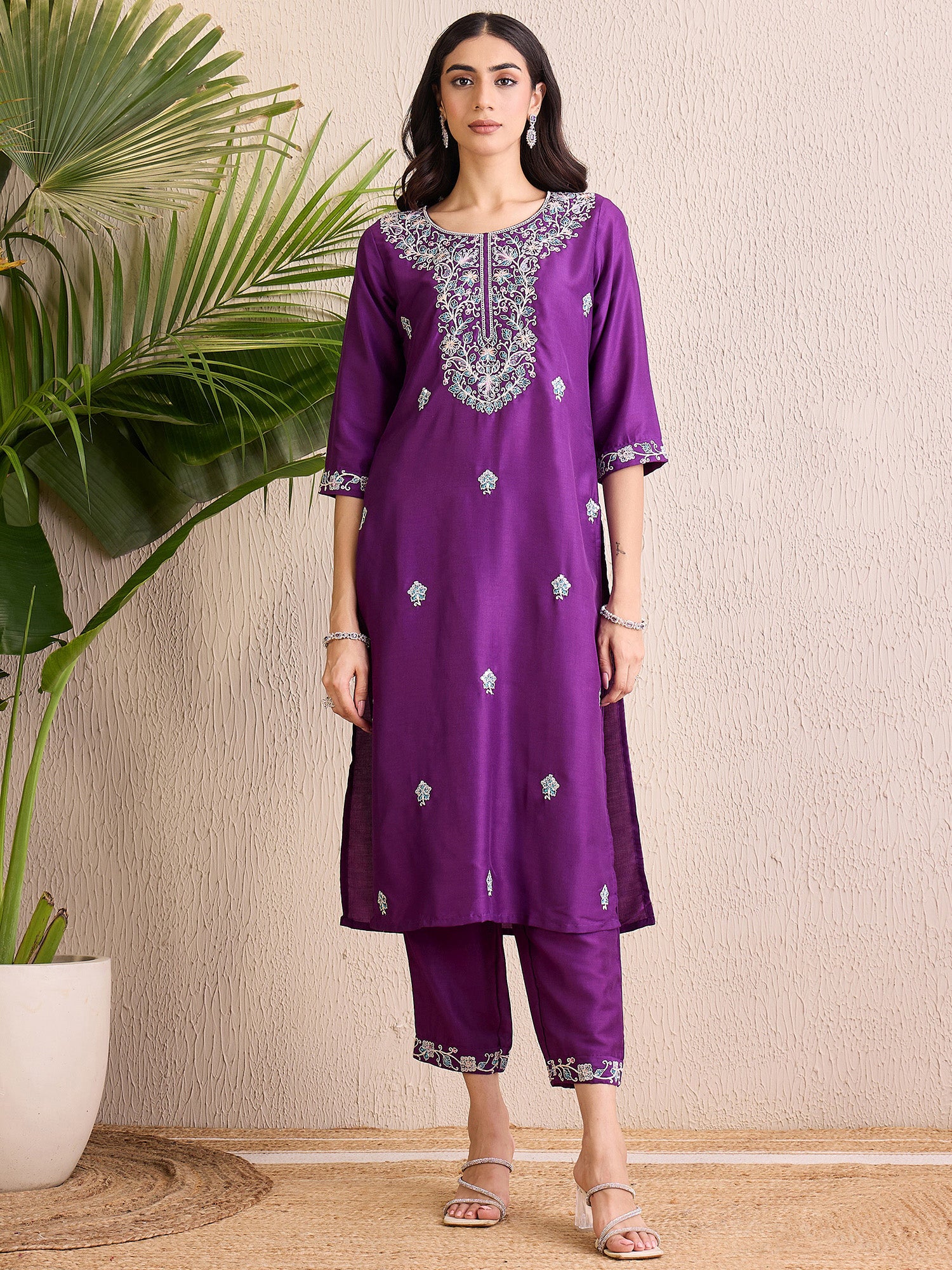 Indo Era Purple Embroidered Straight Kurta Trousers With Dupatta set