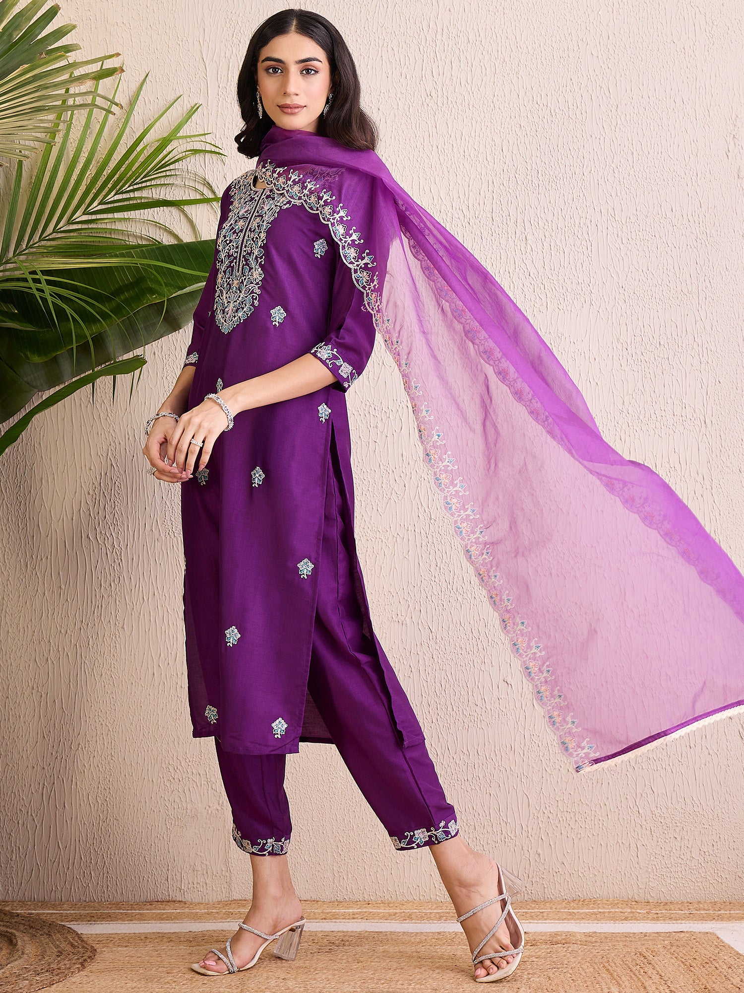 Indo Era Purple Embroidered Straight Kurta Trousers With Dupatta set