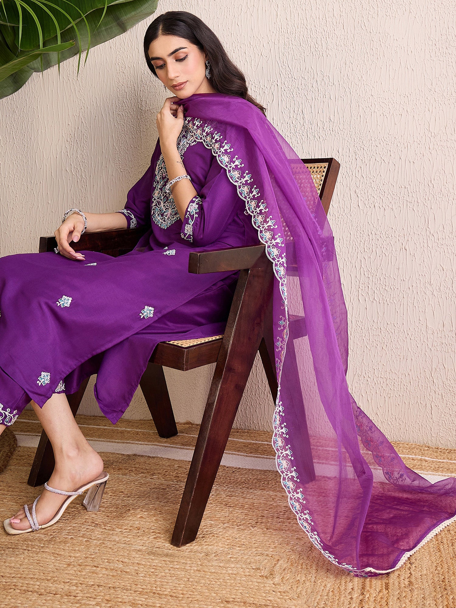 Indo Era Purple Embroidered Straight Kurta Trousers With Dupatta set