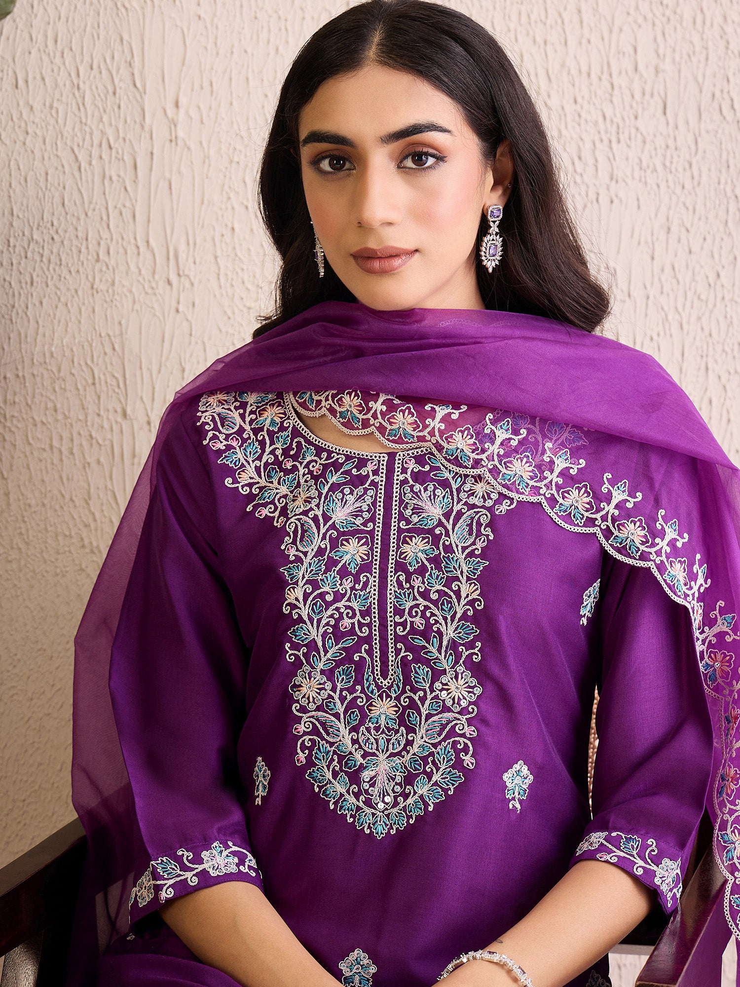 Indo Era Purple Embroidered Straight Kurta Trousers With Dupatta set